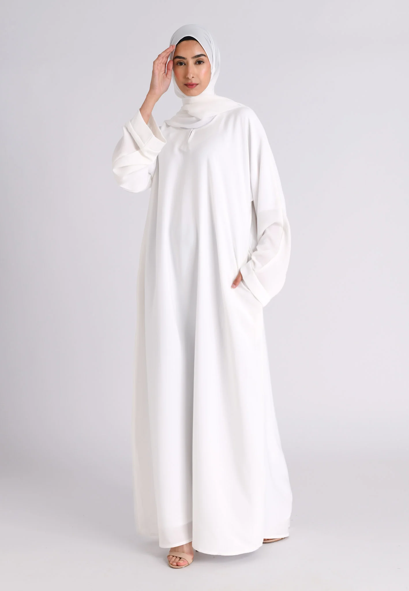 Off-White Textured Abaya With Pockets (Premium) - Hayah Al-Muslimah