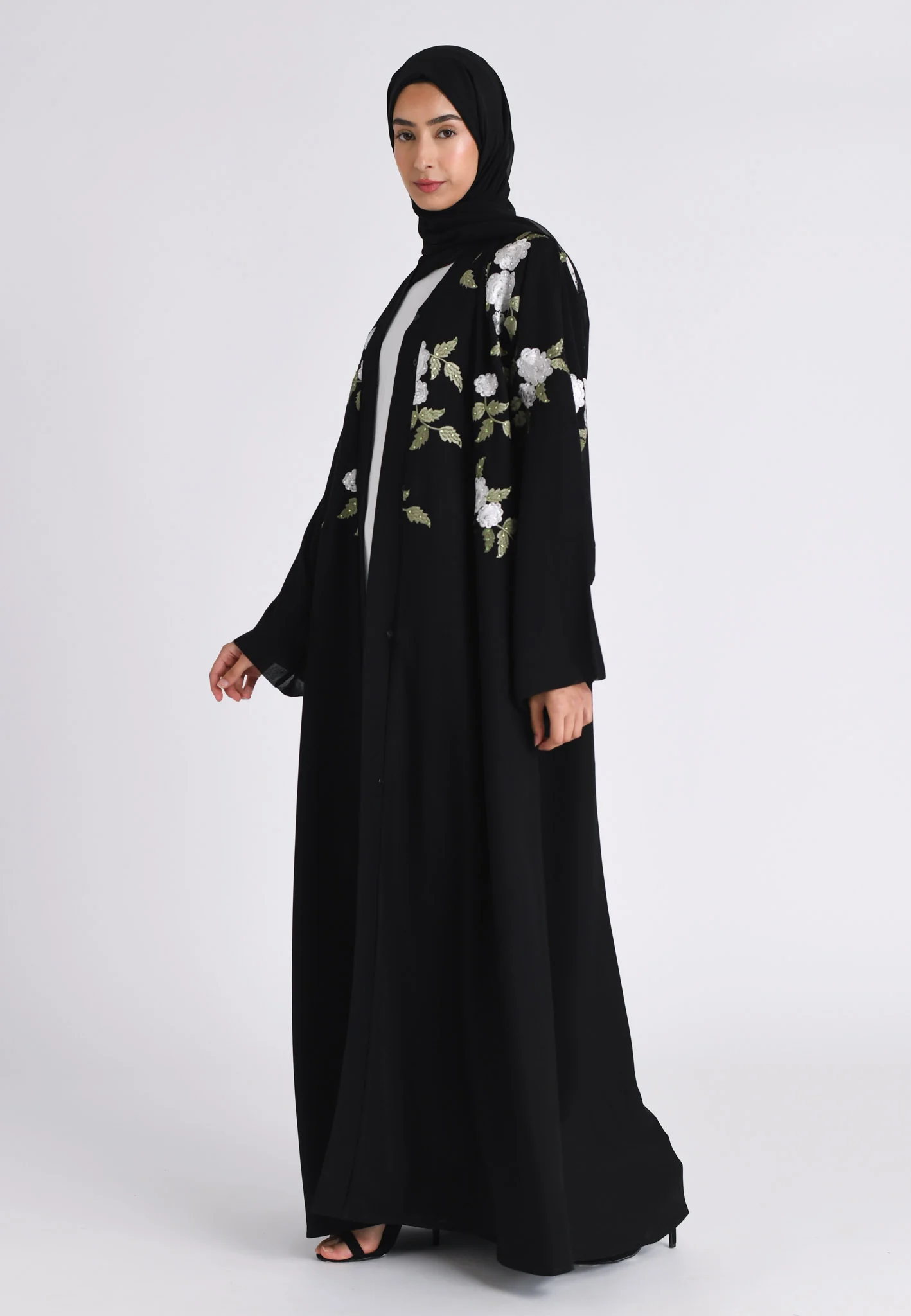 Floral Embroidered Kimono Open Abaya (Premium) - Hayah Al-Muslimah