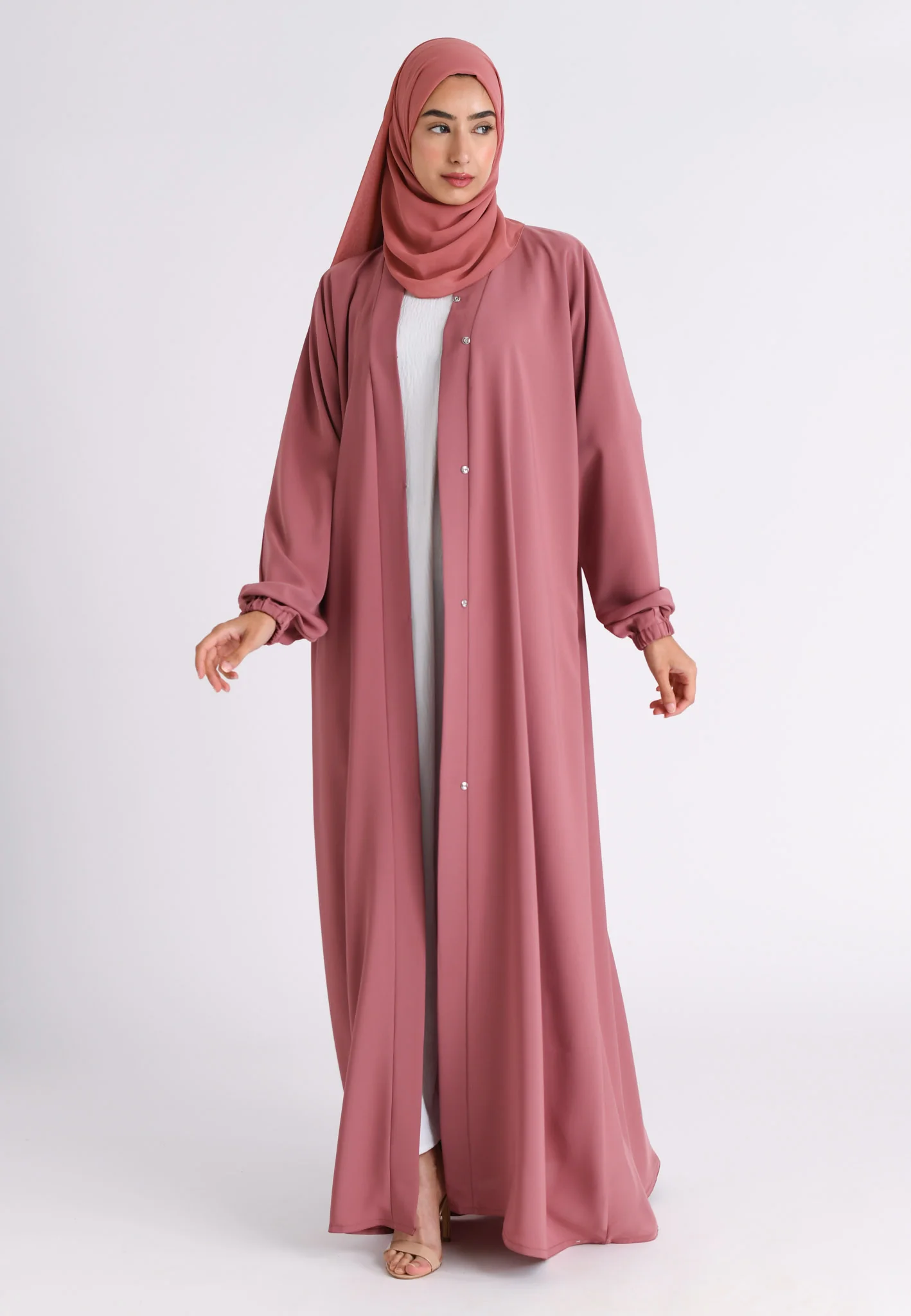 Soft Rosewood Plain Open Abaya With Elasticated Cuff Sleeves (Premium) - Hayah Al-Muslimah