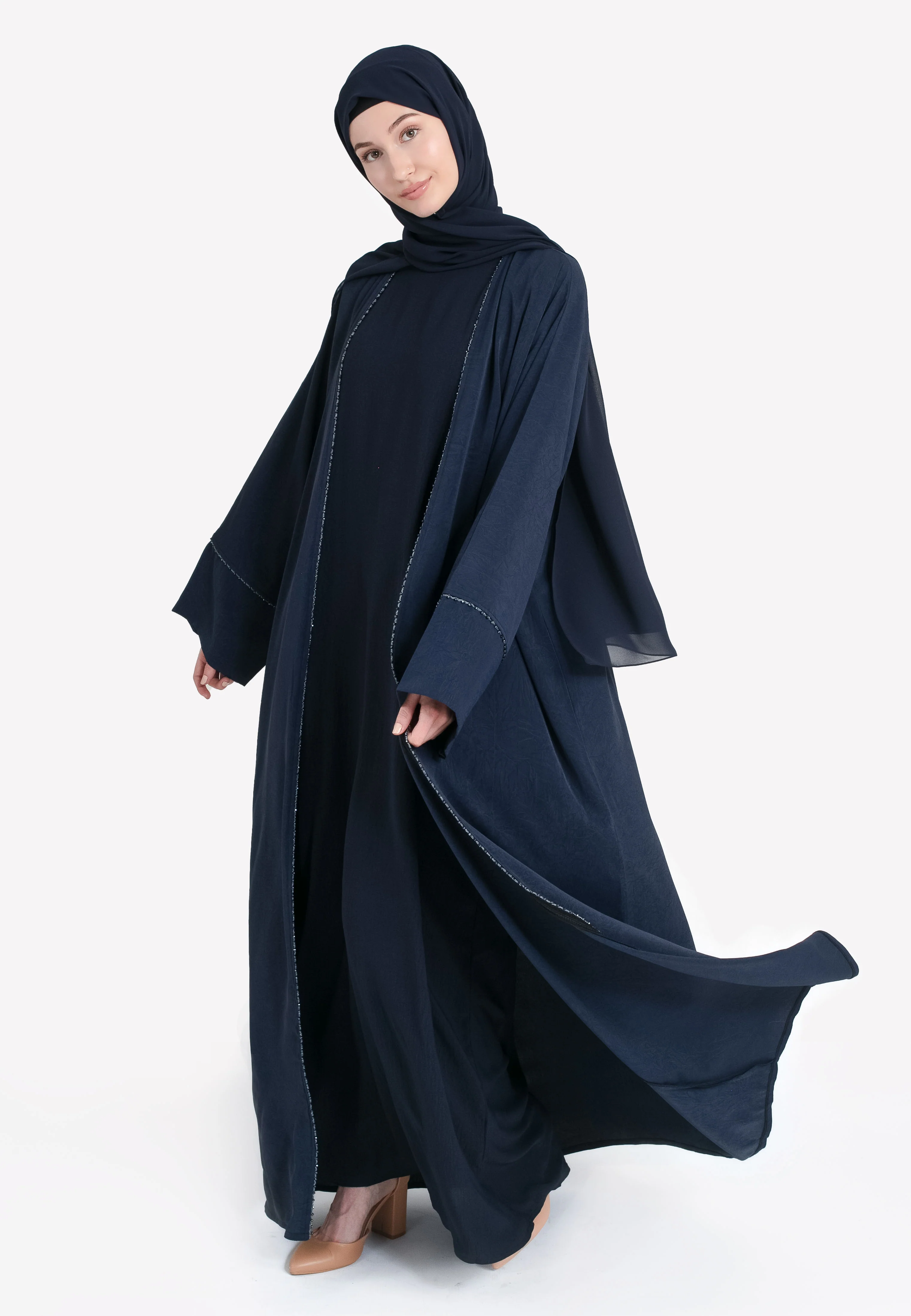 Navy Four-Piece Open Abaya Set With Dainty Detailing - Hayah Al-Muslimah