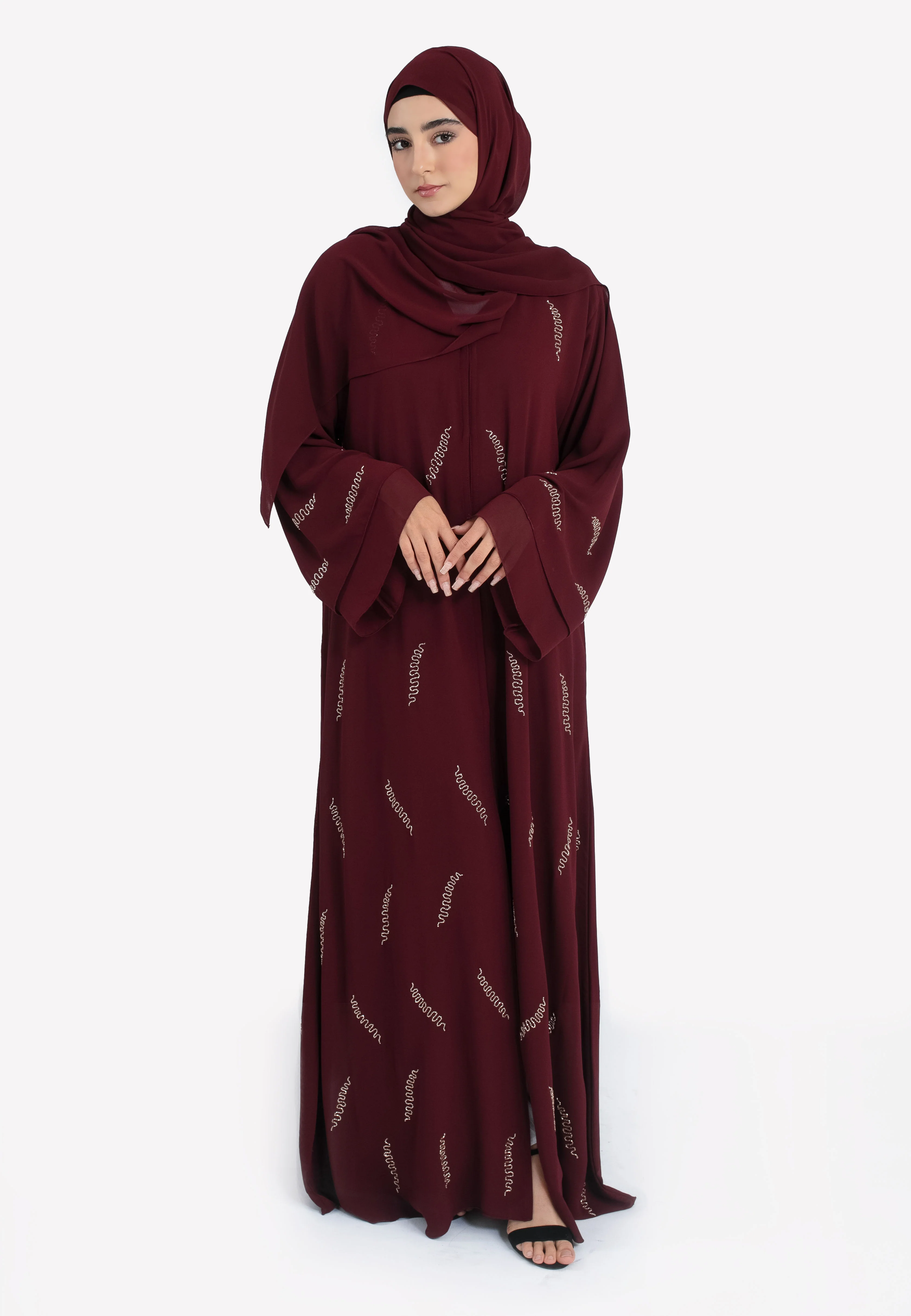 Burgundy Lined Chiffon Open Abaya with Gold Embellishments - Hayah Al-Muslimah