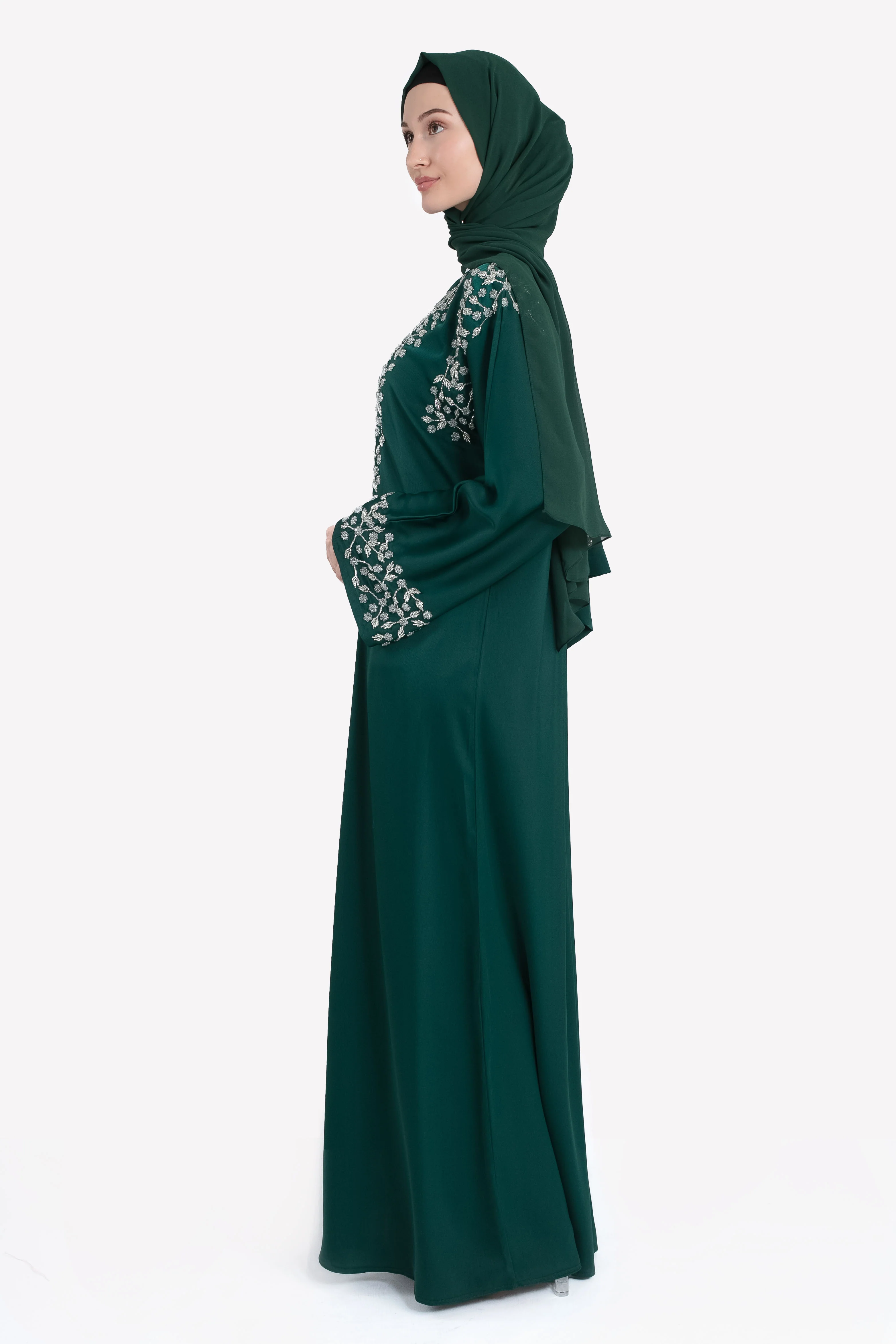 Mystic Emerald Embellished Satin Open Abaya - Hayah Al-Muslimah