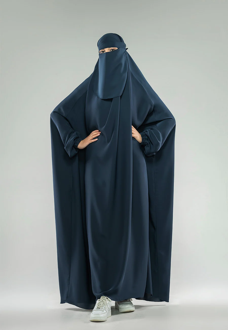 Navy One-Piece Full Length Jilbab With Elasticated Cuff - Prayer / Abaya Dress (Premium) - Hayah Al-Muslimah