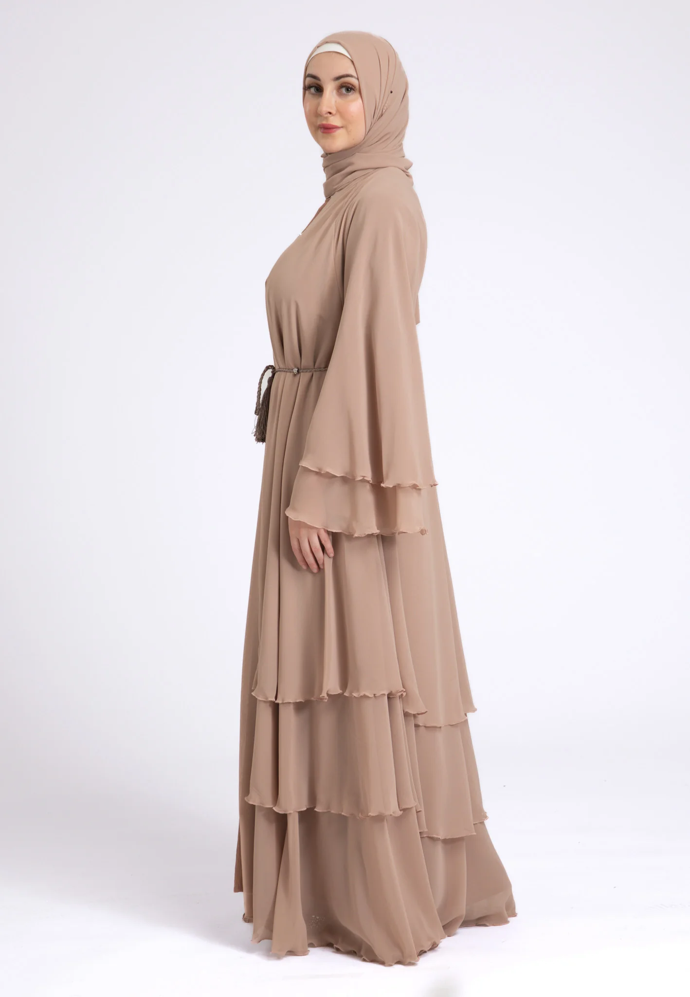 Luxury Butterscotch Beige 3 Layered Open Abaya with Inner Dress - Hayah Al-Muslimah