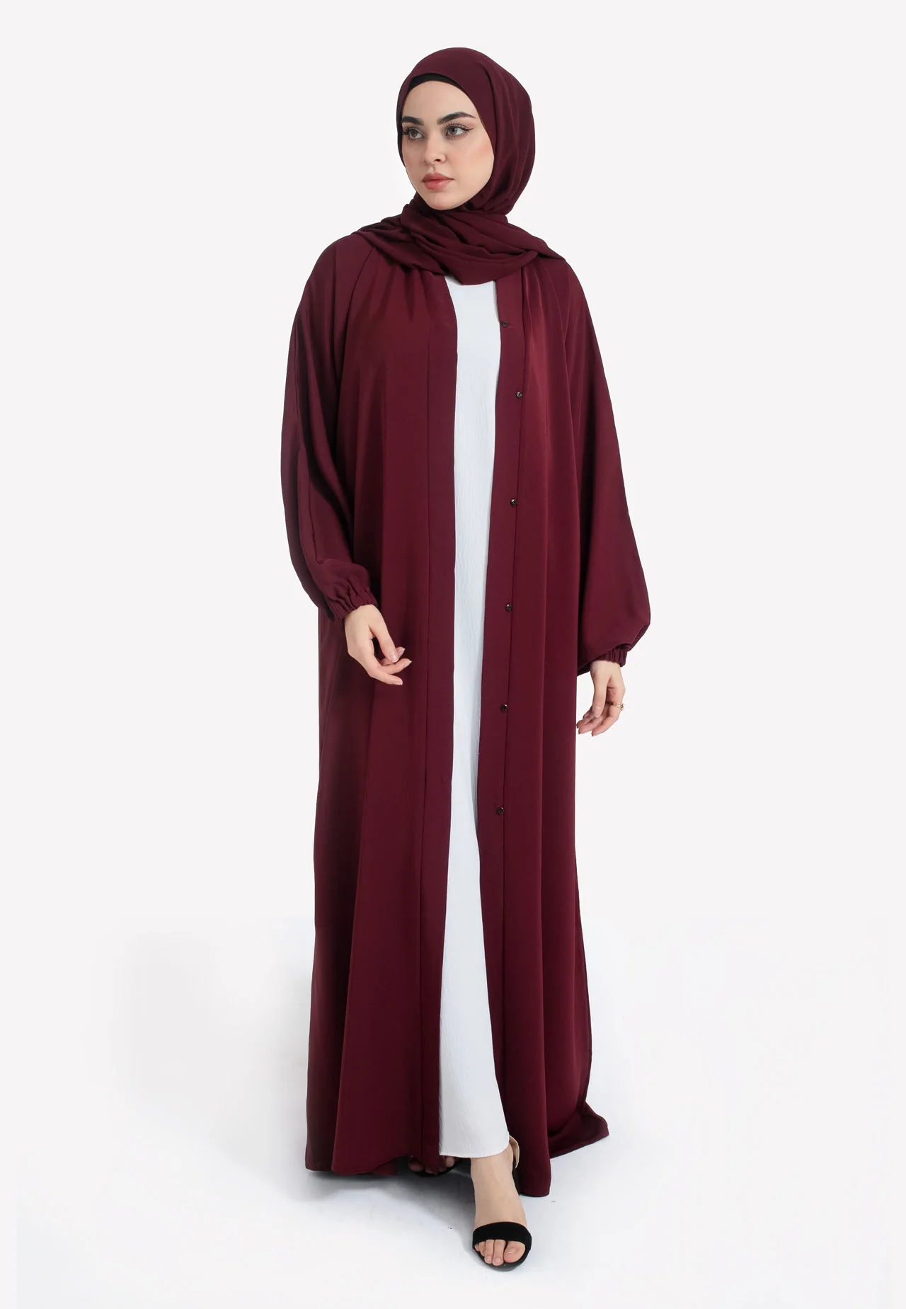 Plain Burgundy Open Abaya With Elasticated Cuff Sleeves - Hayah Al-Muslimah