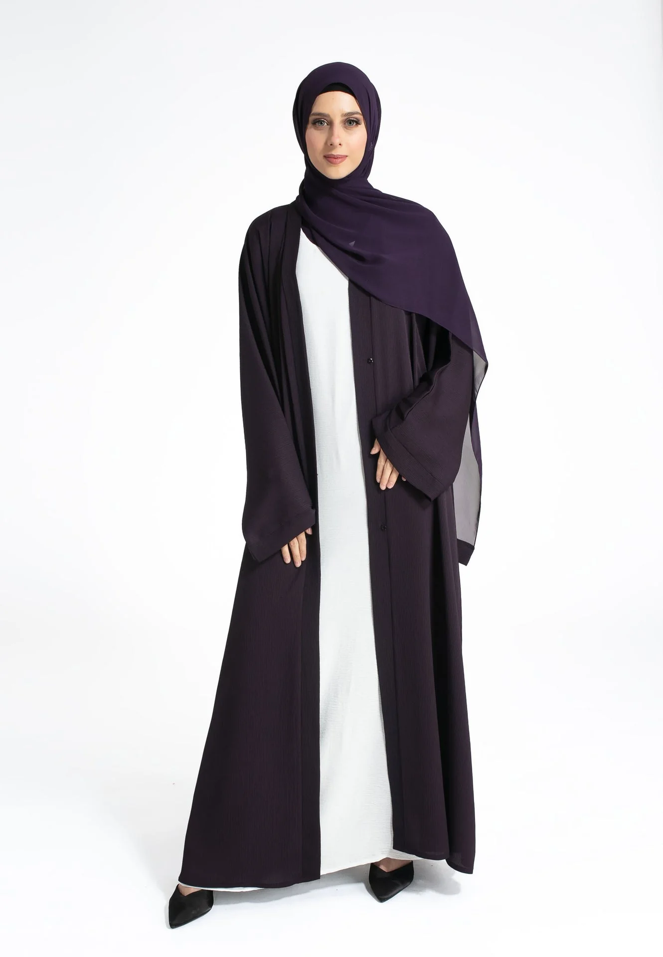 Plain Textured Open Abaya - Deep Purple - Hayah Al-Muslimah