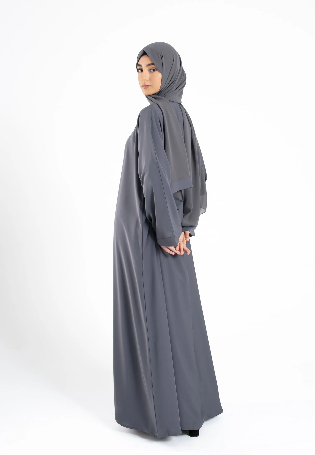 Plain Open Abaya With Wide Sleeves - Pebble Grey - Hayah Al-Muslimah