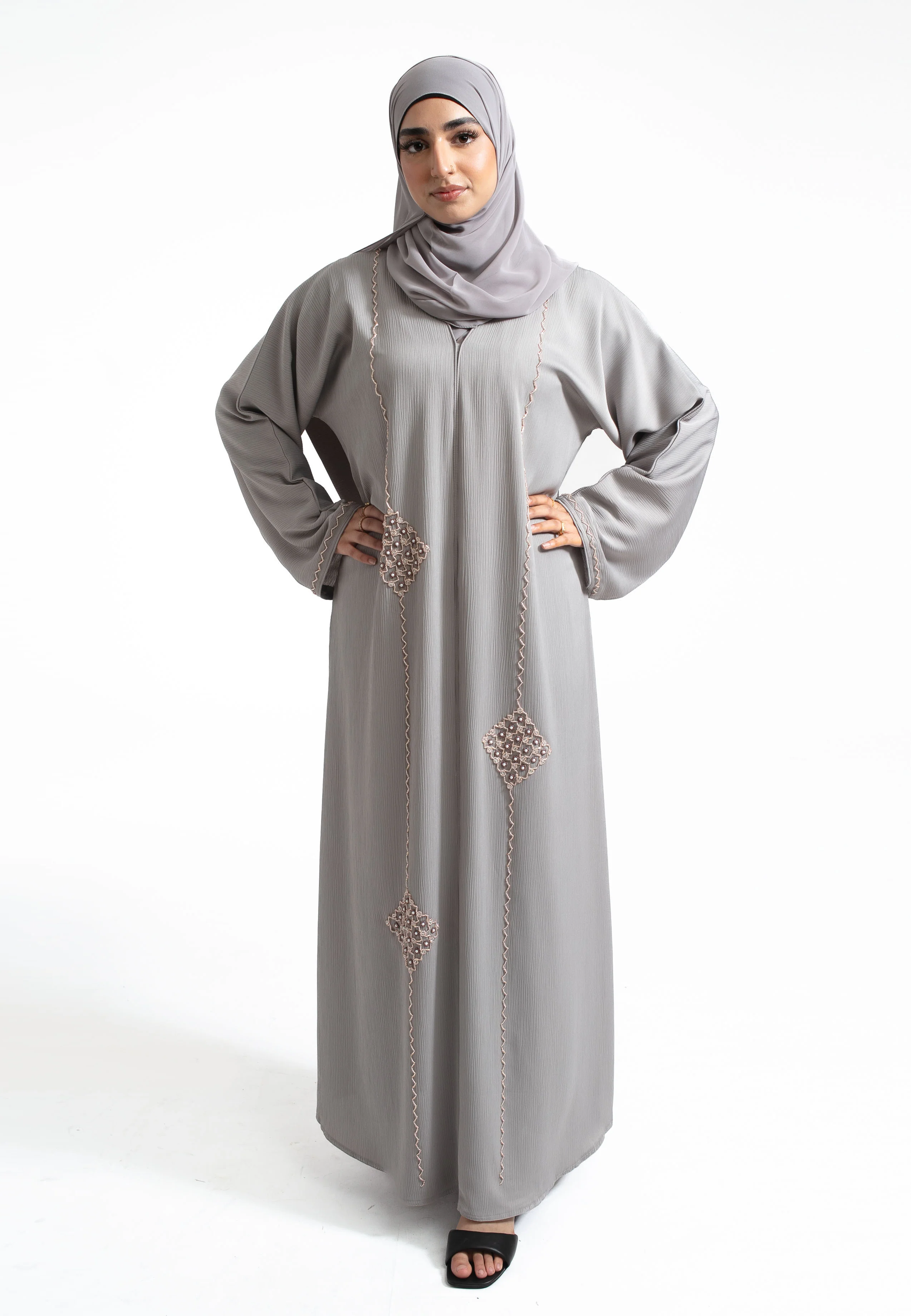 Luxury Grey Moziá Embellished Abaya (Premium) - Hayah Al-Muslimah