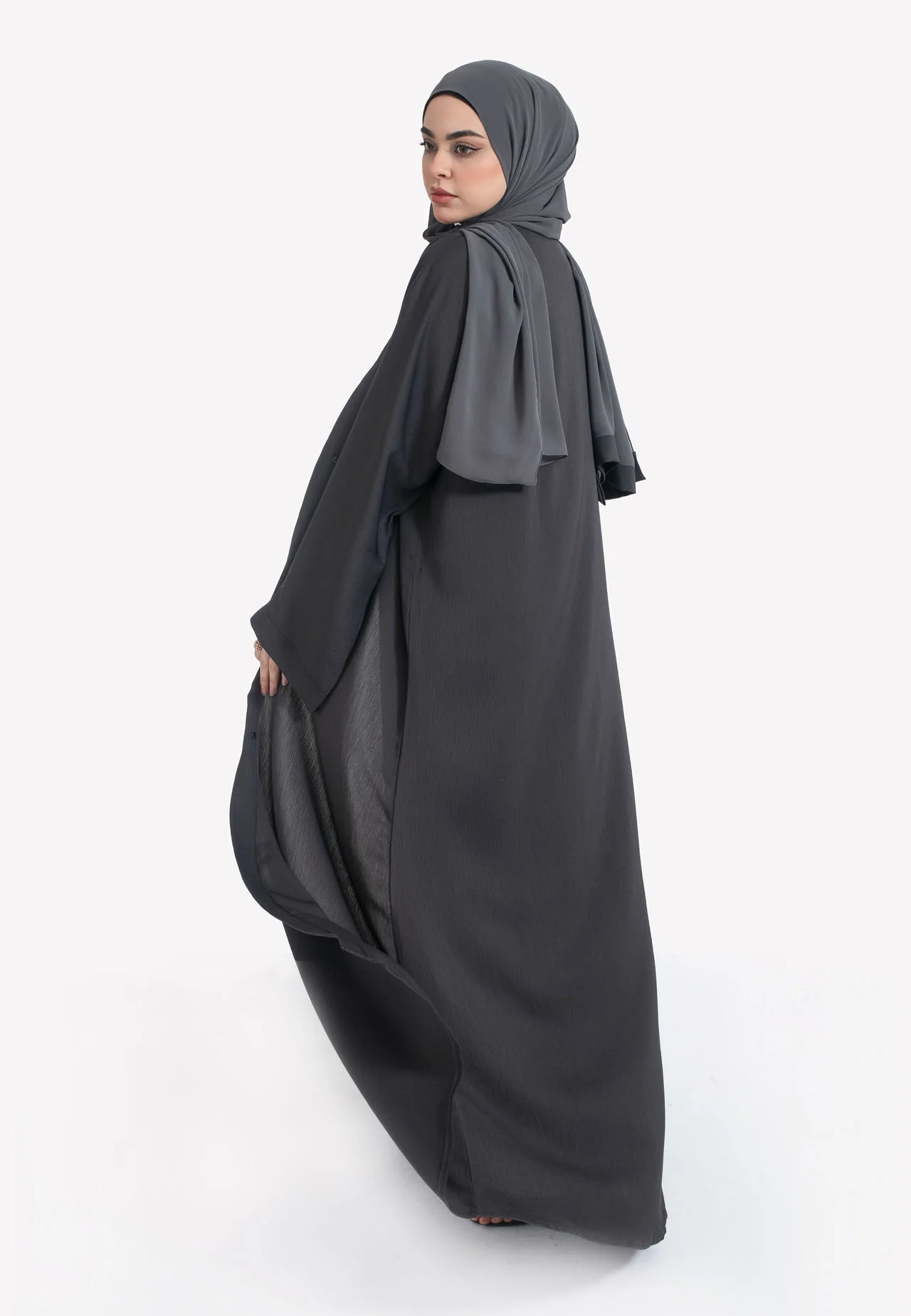Plain Charcoal Grey Textured Open Abaya - Hayah Al-Muslimah