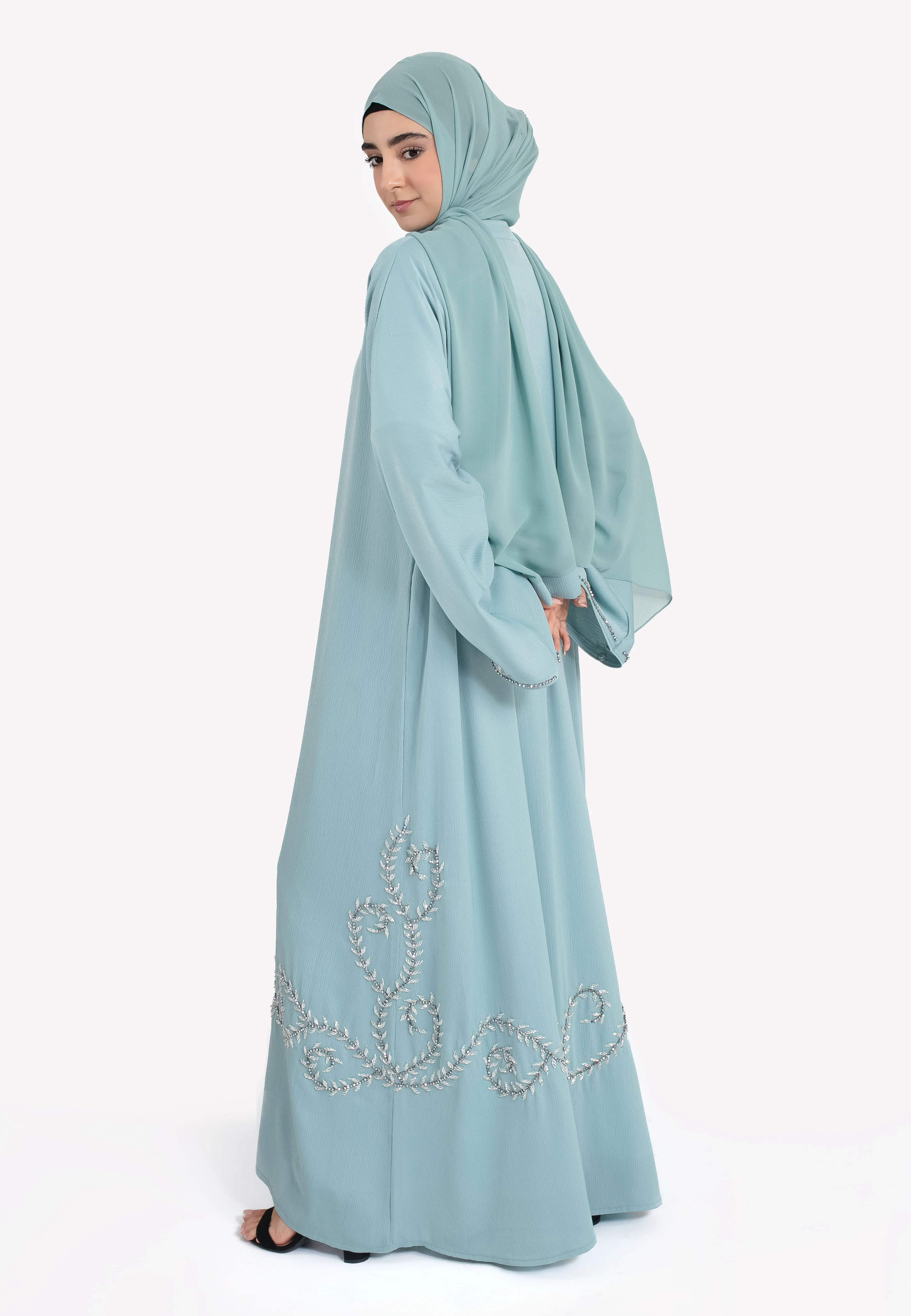 Aqua Textured Embellished Open Abaya - Hayah Al-Muslimah
