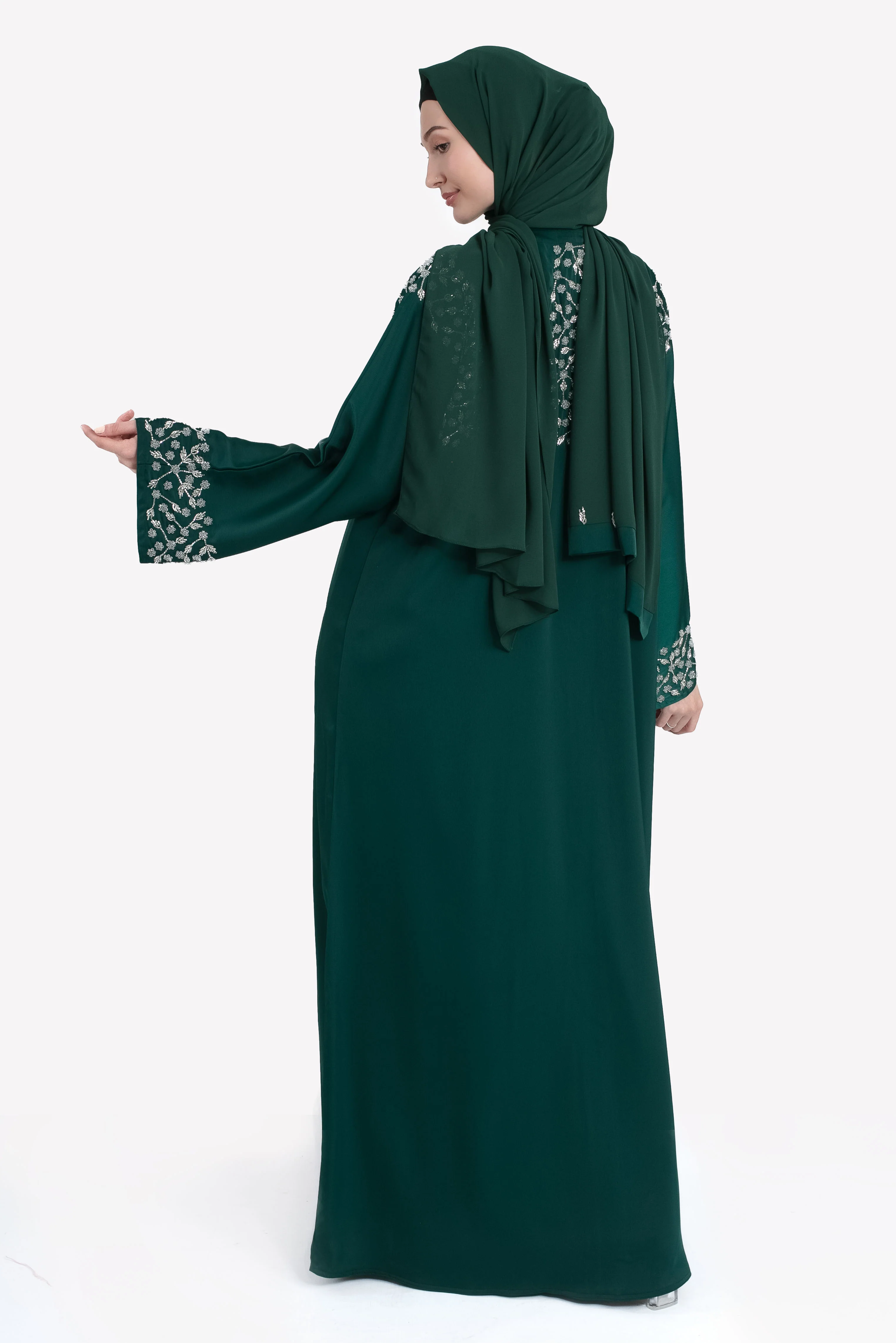 Mystic Emerald Embellished Satin Open Abaya - Hayah Al-Muslimah
