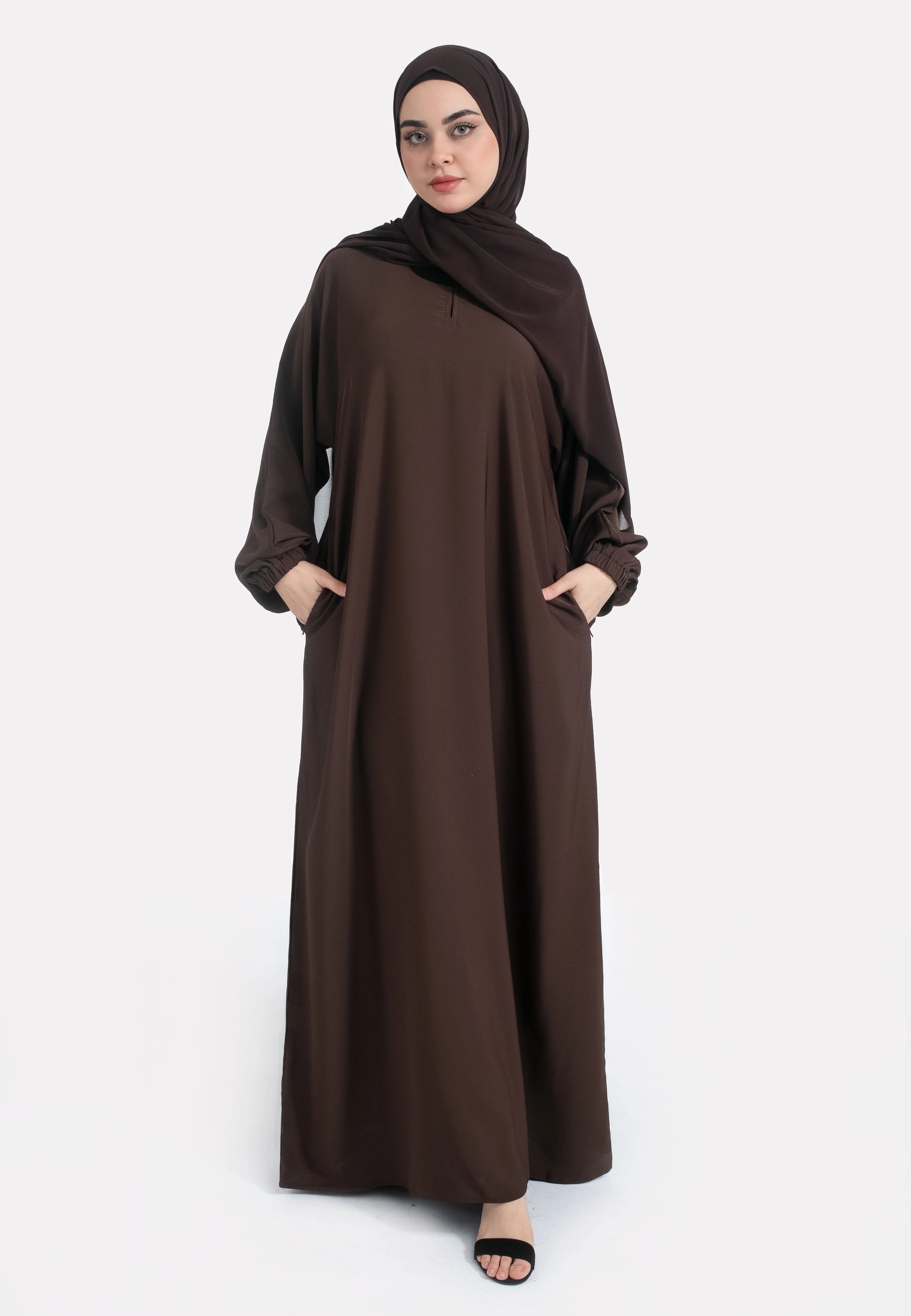 Brown Closed Abaya with Zip Pockets & Cuff Sleeves - Hayah Al-Muslimah
