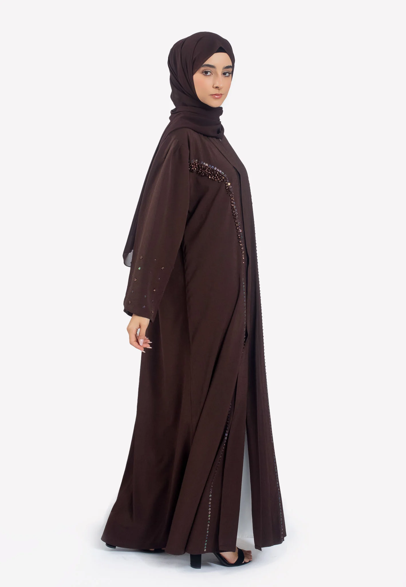 Premium Artisan Cocoa Open Abaya with Embellishments - Hayah Al-Muslimah