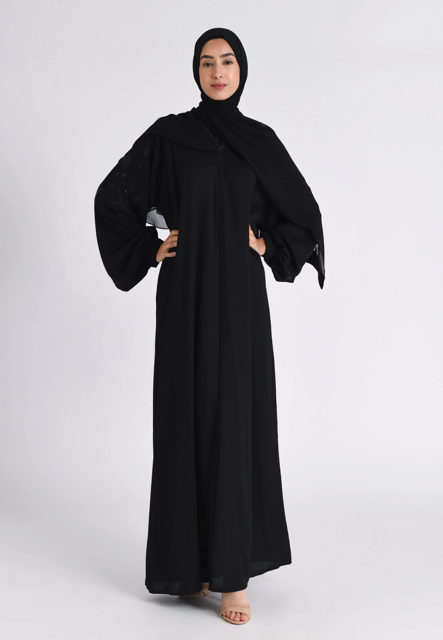 Black on Black Embellished Cuff Abaya (Premium) - Hayah Al-Muslimah