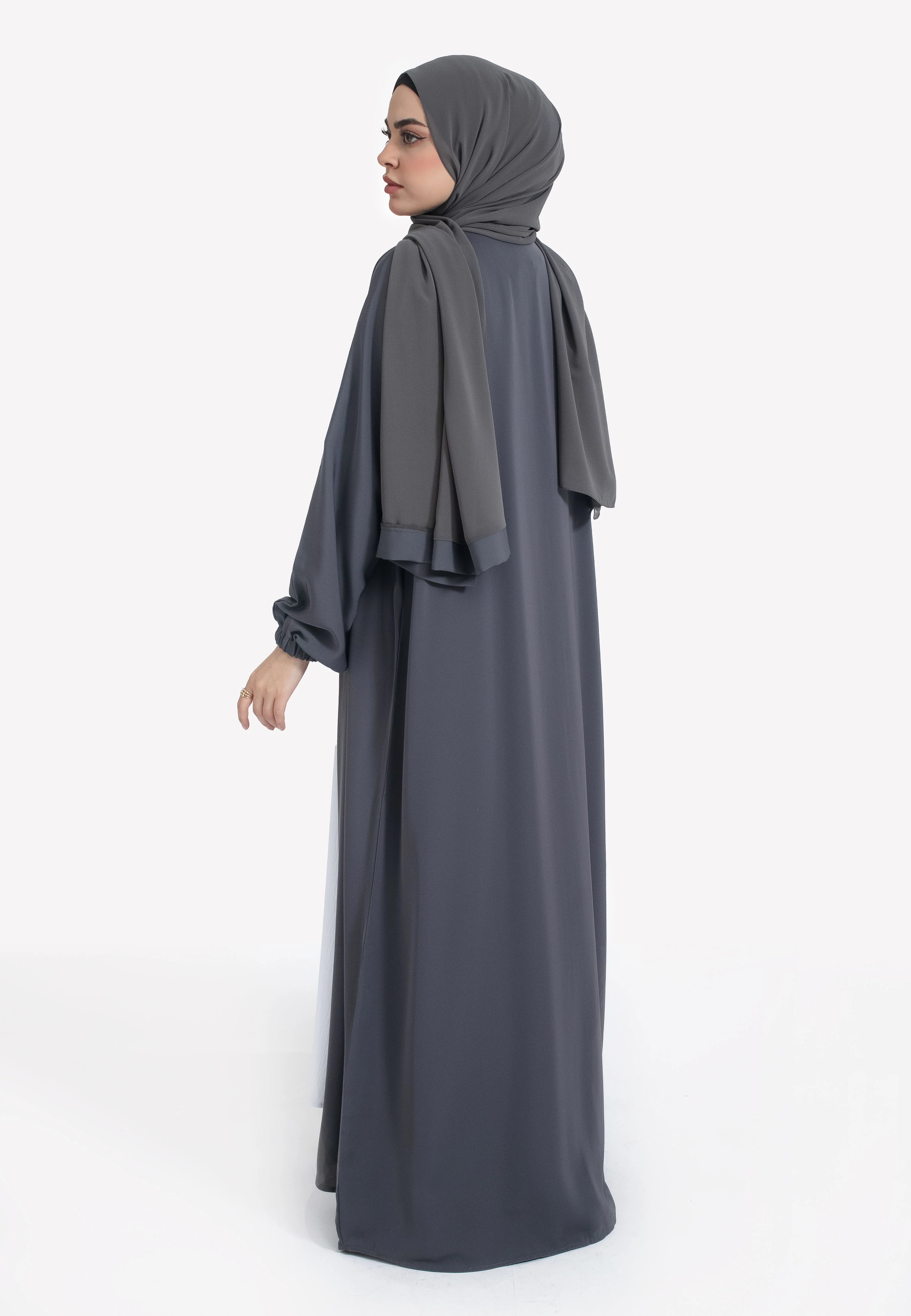 Plain Pebble Grey Open Abaya With Elasticated Cuff Sleeves - Hayah Al-Muslimah
