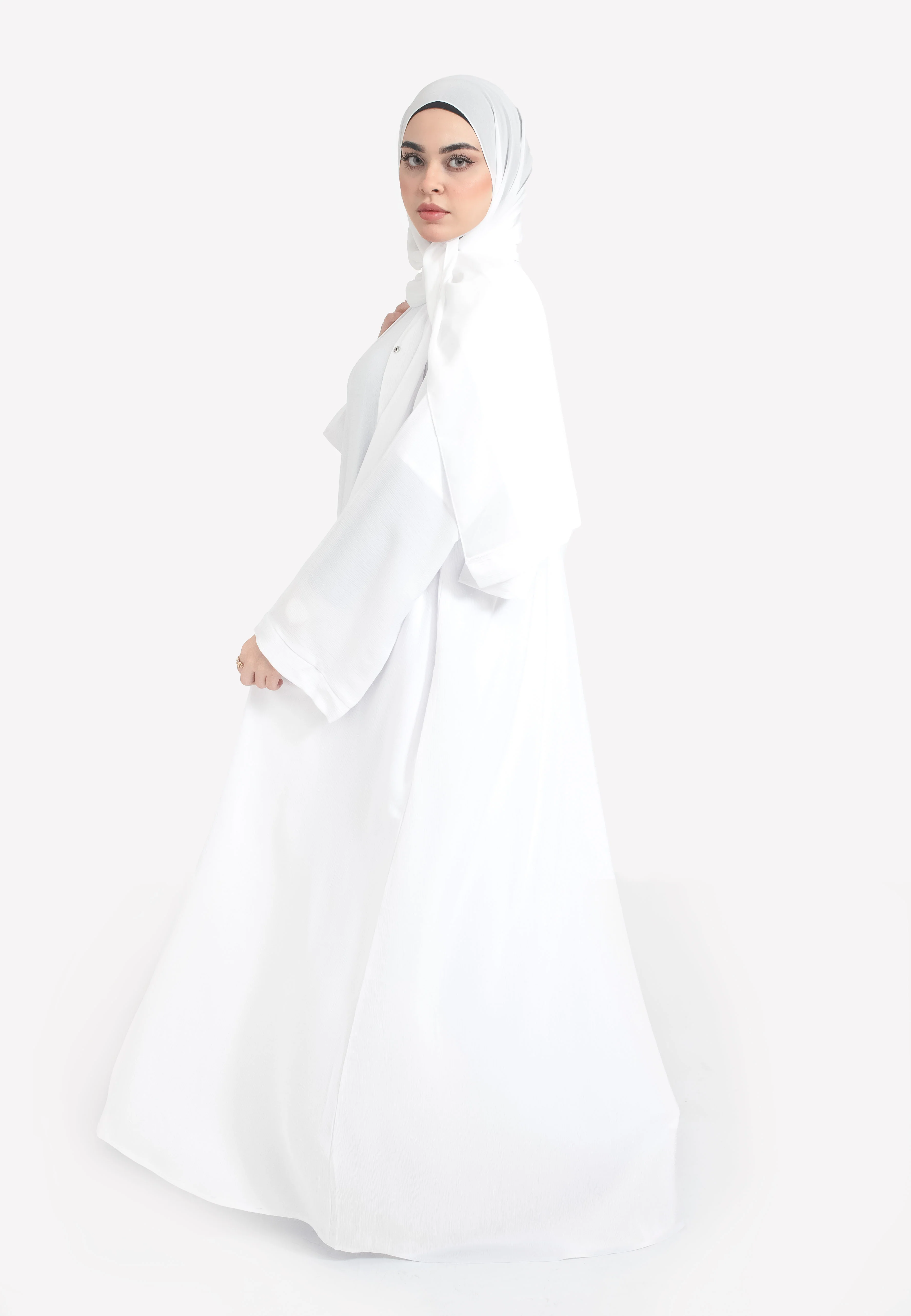 Plain Ivory White Textured Open Abaya - Hayah Al-Muslimah