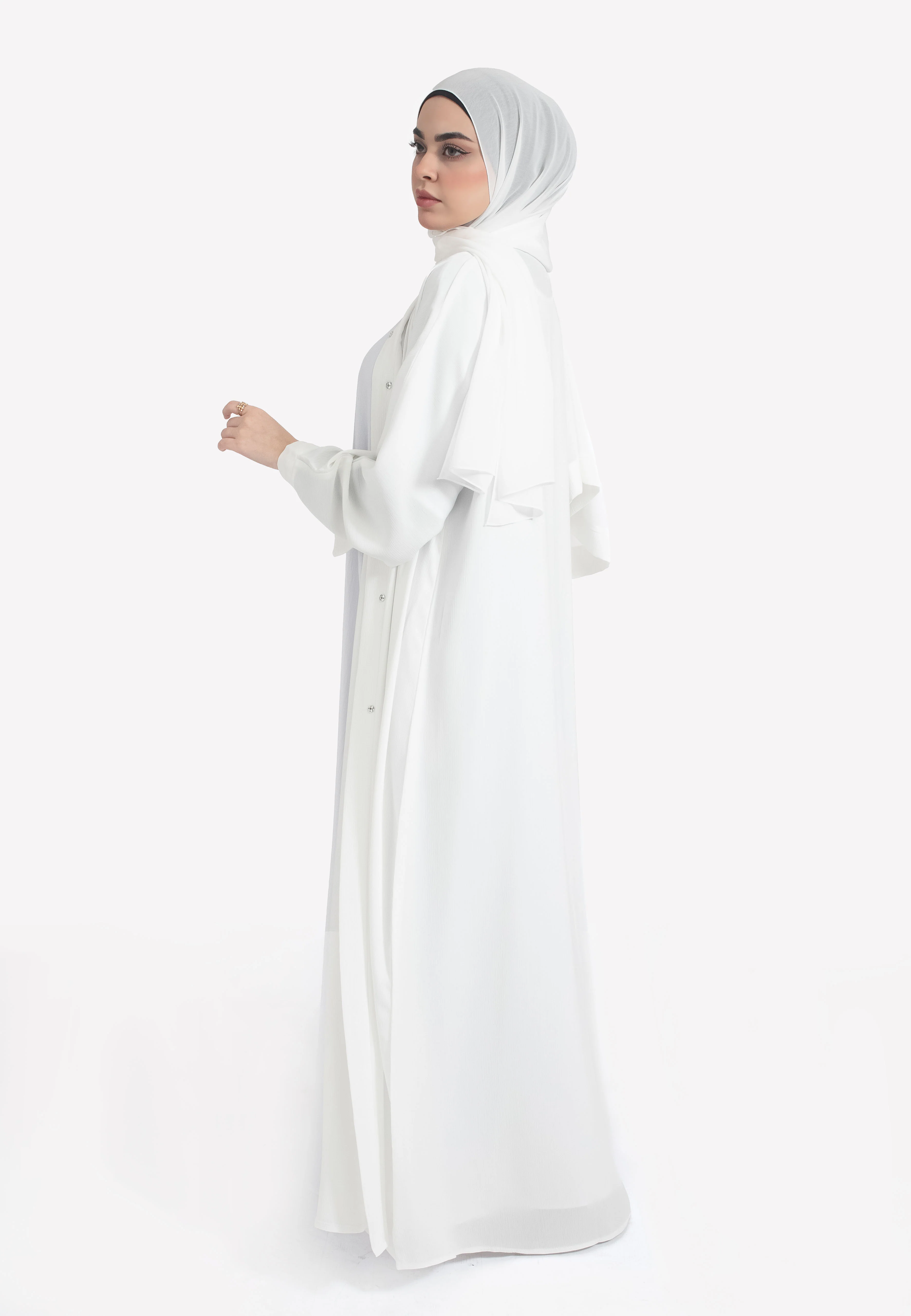 Plain Off-White Textured Open Abaya - Hayah Al-Muslimah