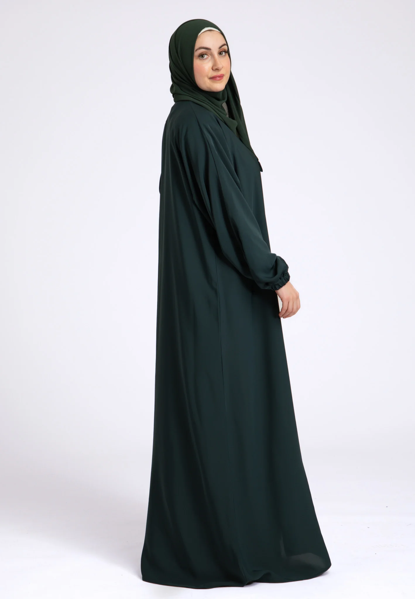 Petrol Green Plain Open Abaya With Elasticated Cuff Sleeves (Premium) - Hayah Al-Muslimah