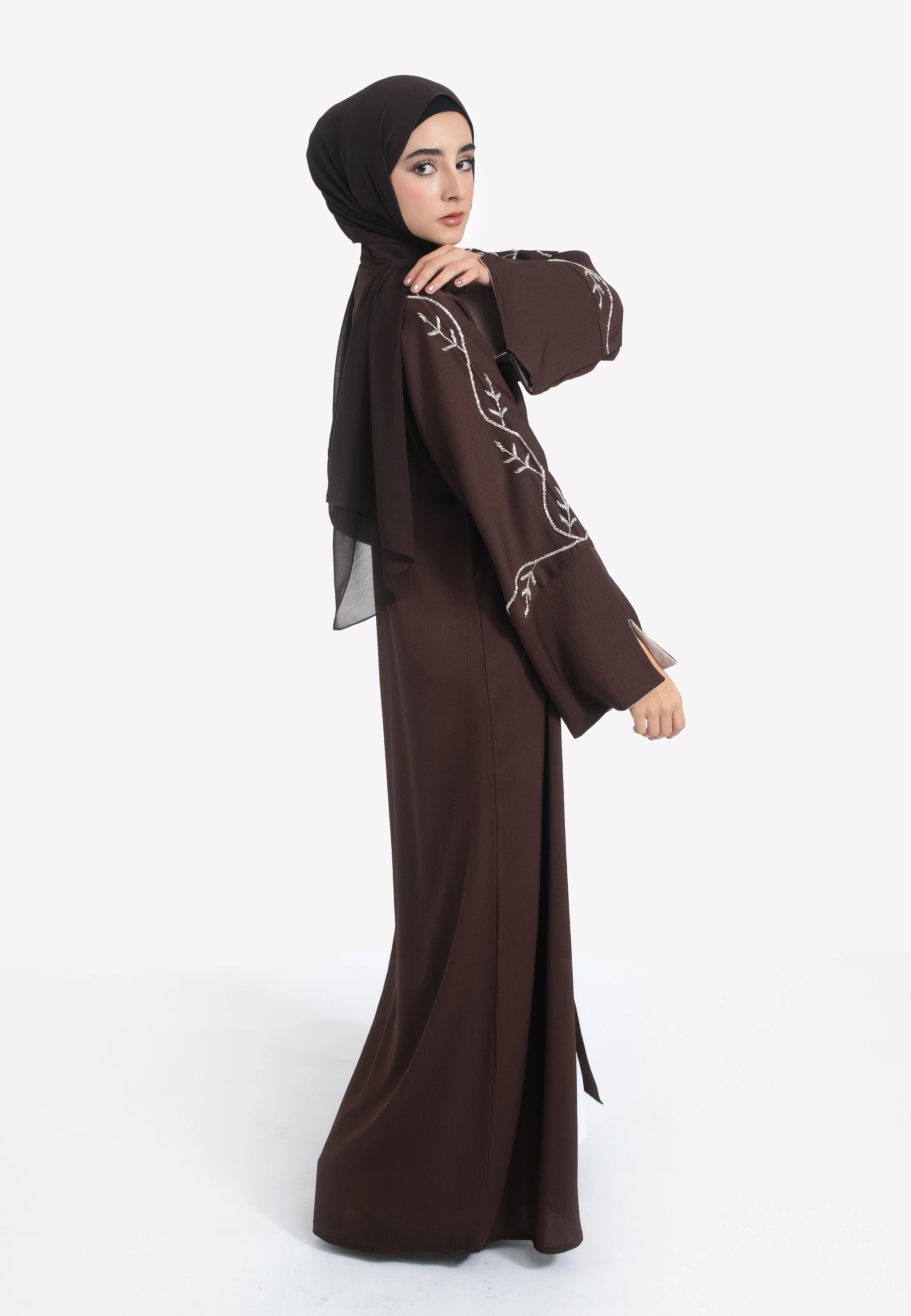 Espresso Embellished Open Abaya - Hayah Al-Muslimah