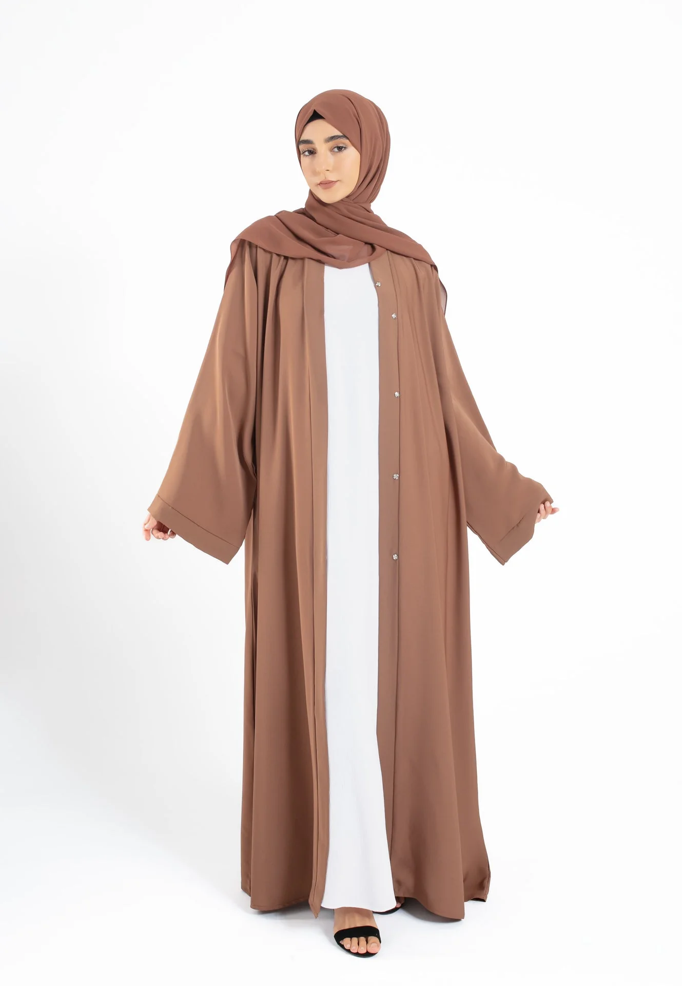 Plain Open Abaya With Wide Sleeves - Toffee - Hayah Al-Muslimah