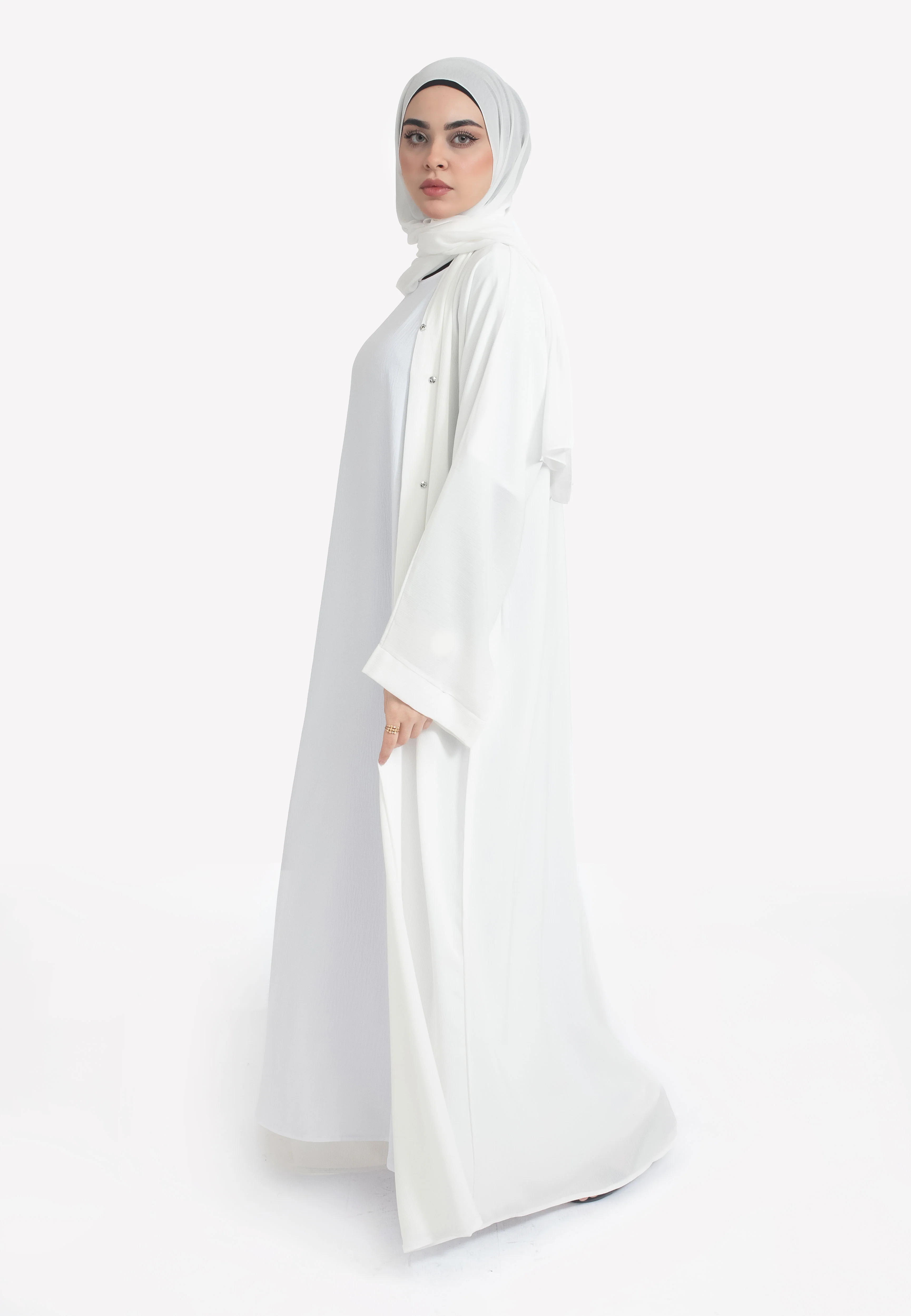 Plain Off-White Textured Open Abaya - Hayah Al-Muslimah