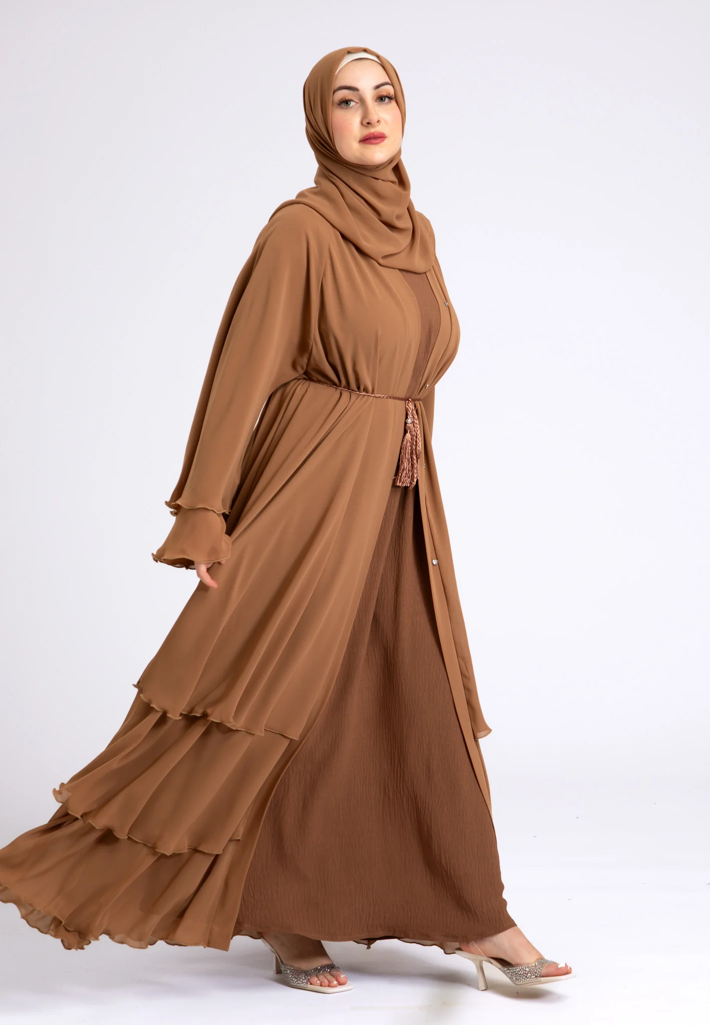 Luxury Tan 3 Layered Open Abaya with Inner Dress - Hayah Al-Muslimah