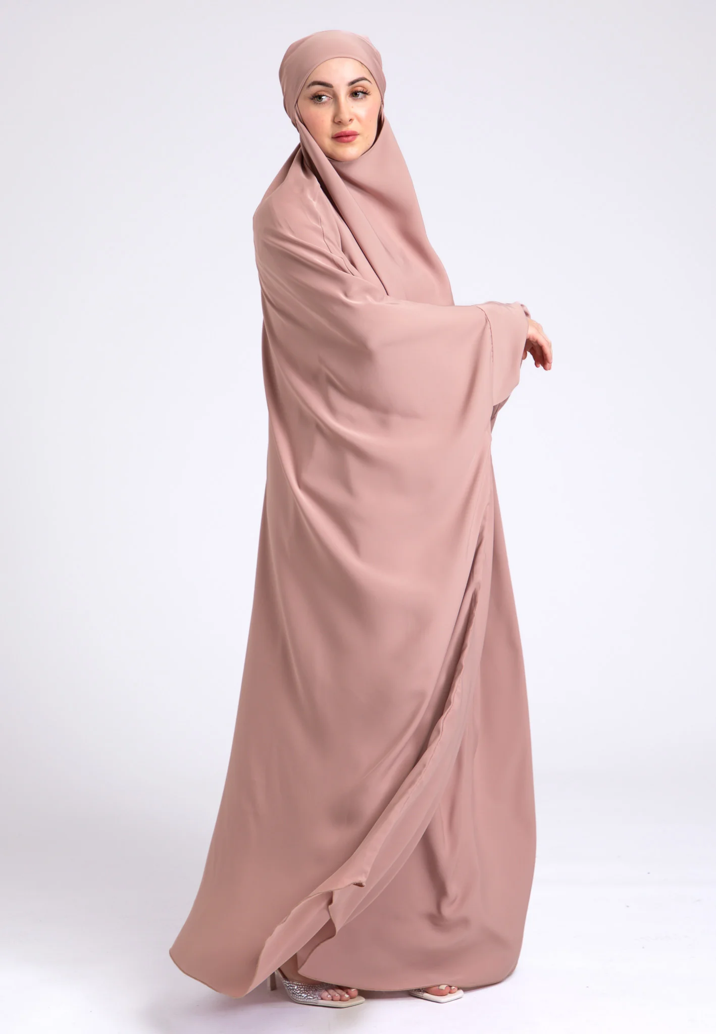 Nude One-Piece Full Length Jilbab With Elasticated Cuff - Prayer / Abaya Dress (Premium) - Hayah Al-Muslimah