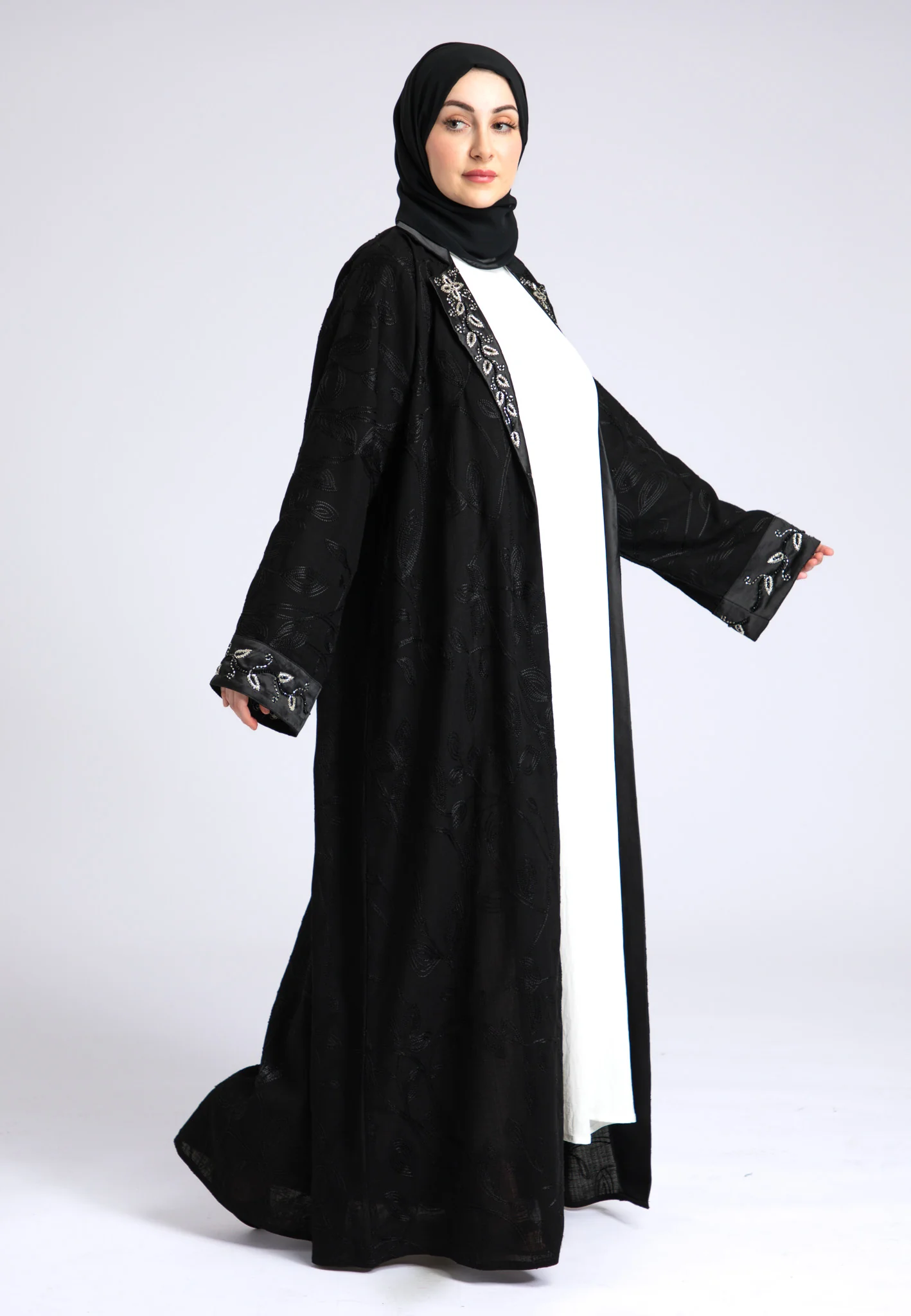 Midnight Black Notched Lapel Open Abaya (Premium) - Hayah Al-Muslimah