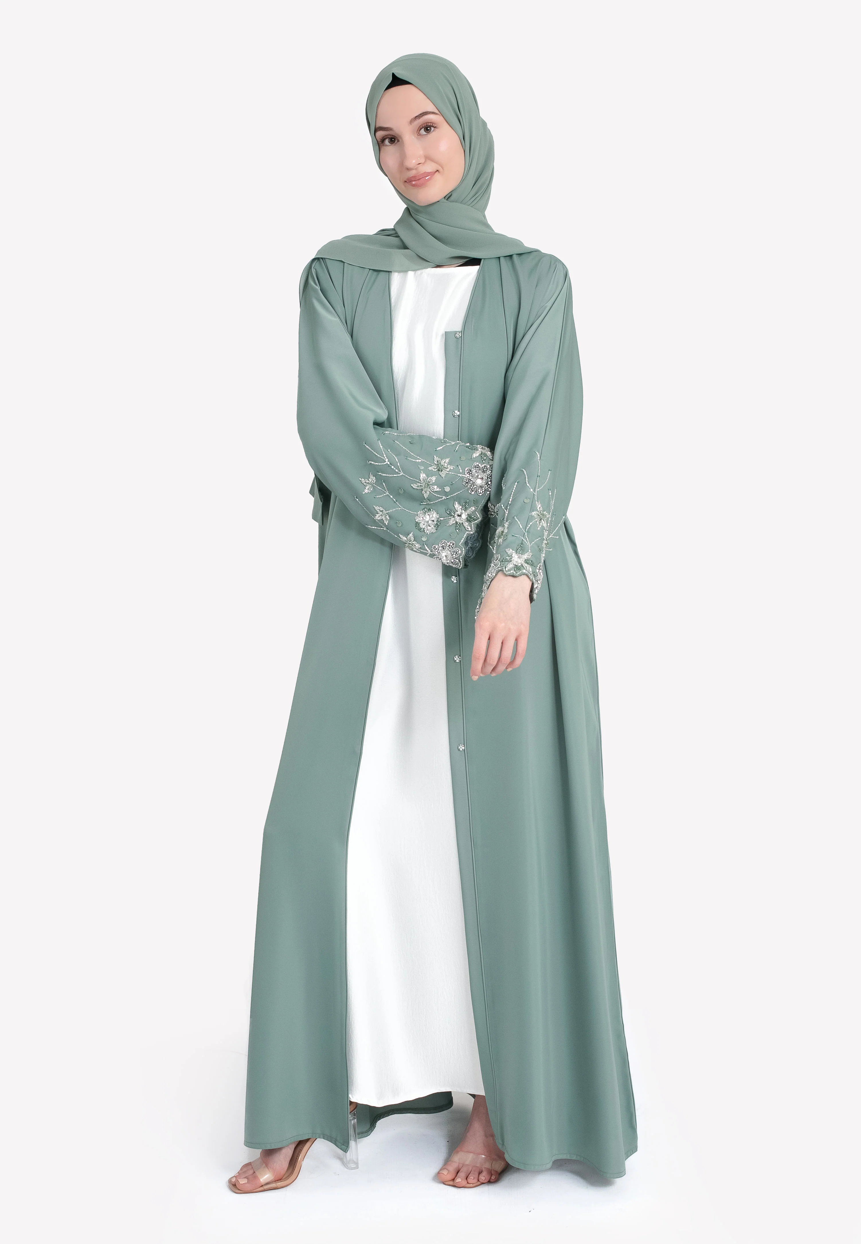 Le Jardin Satin Embellished Open Abaya - Hayah Al-Muslimah