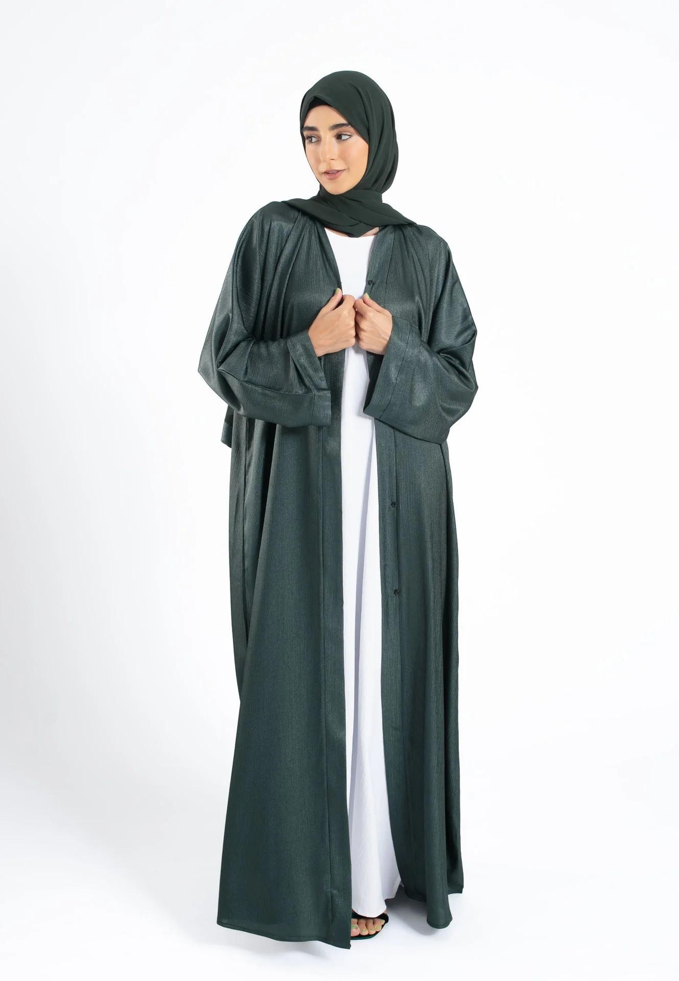 Shimmer Textured Open Abaya - Forest Green - Hayah Al-Muslimah