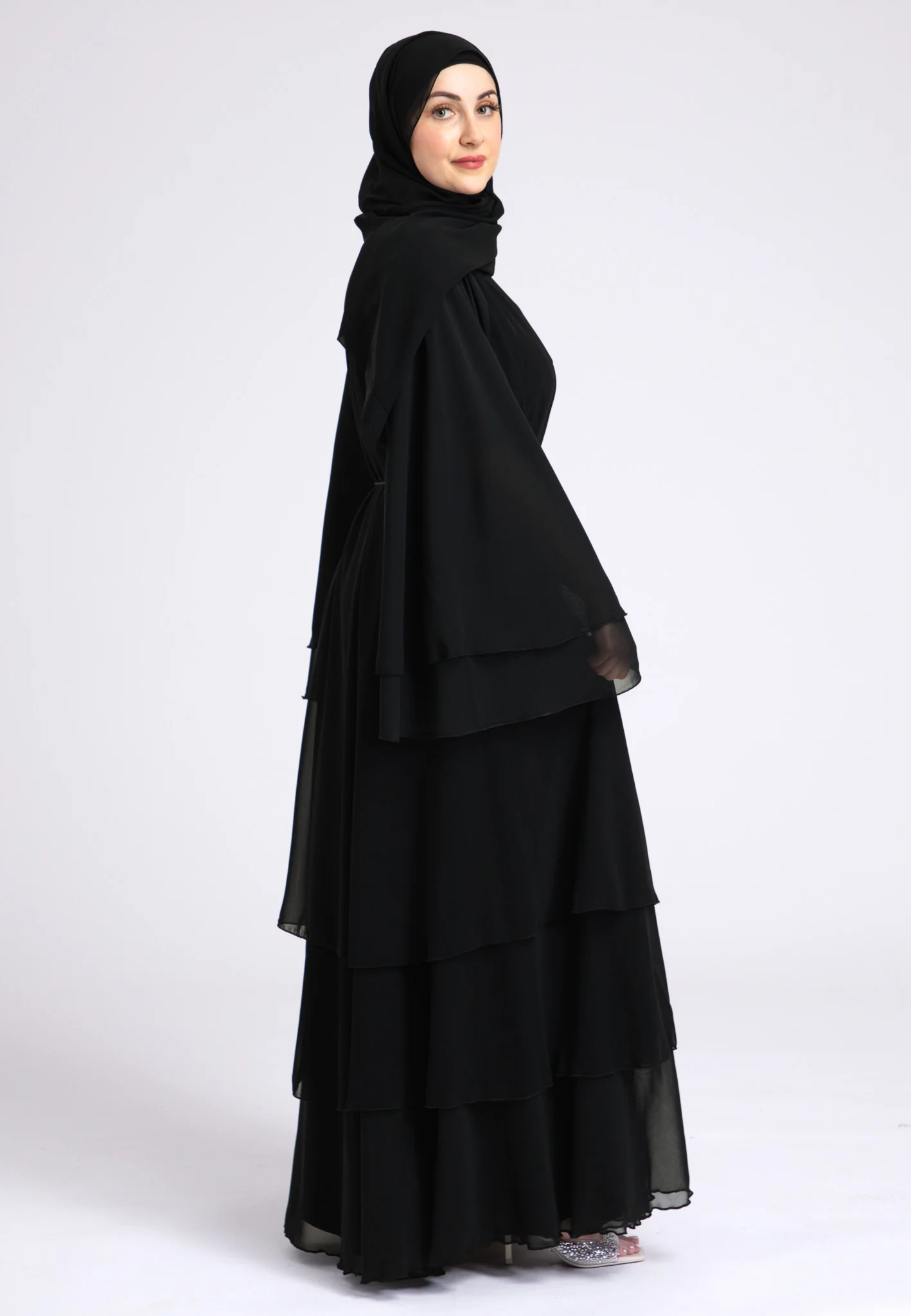 Black Chiffon 3 Layered Abaya With Inner Dress (Premium) - Hayah Al-Muslimah