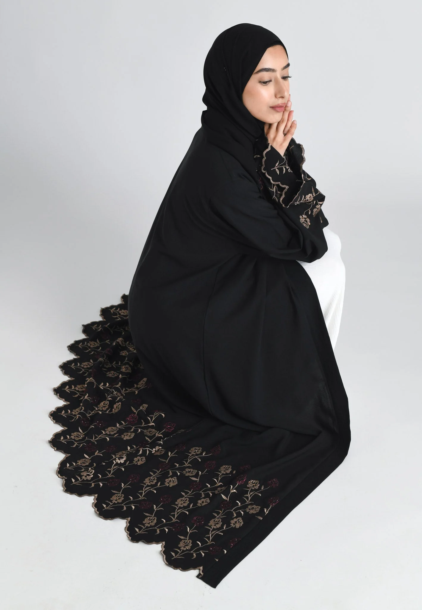 Blooming Roses Floral Embroidered Open Abaya - Hayah Al-Muslimah