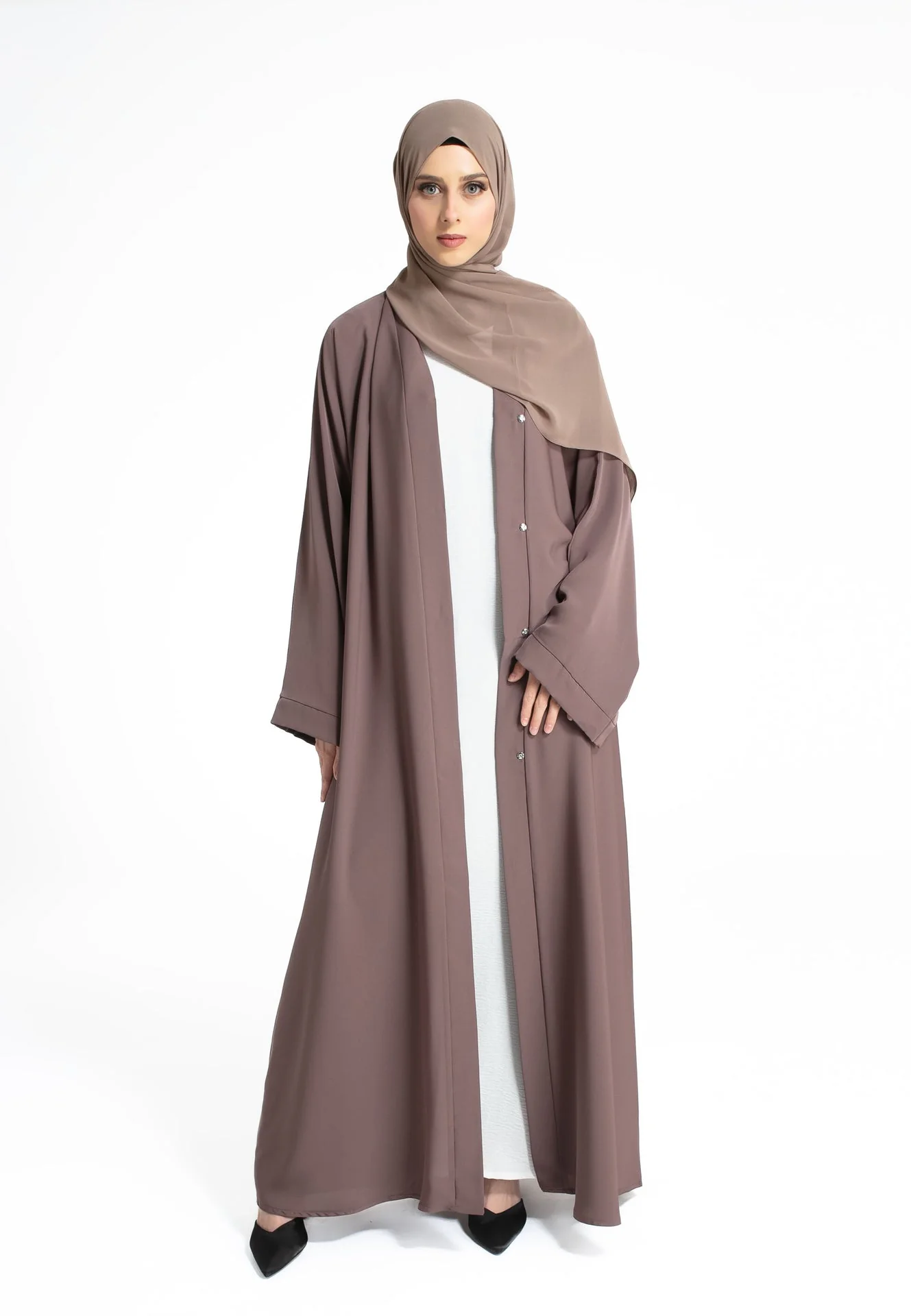 Plain Open Abaya With Wide Sleeves - Taupe - Hayah Al-Muslimah
