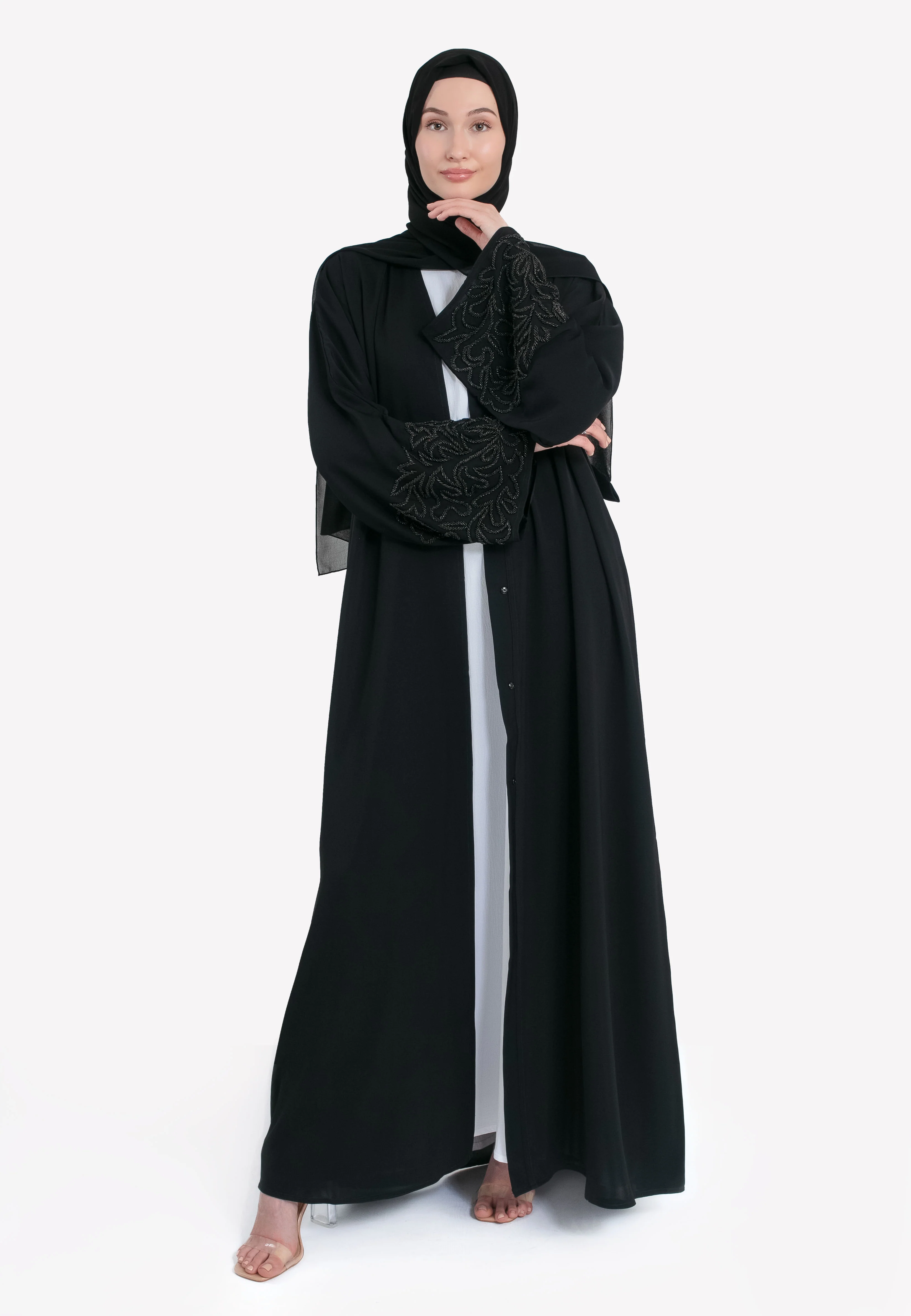 Majestic Black Embellished Open Abaya - Hayah Al-Muslimah