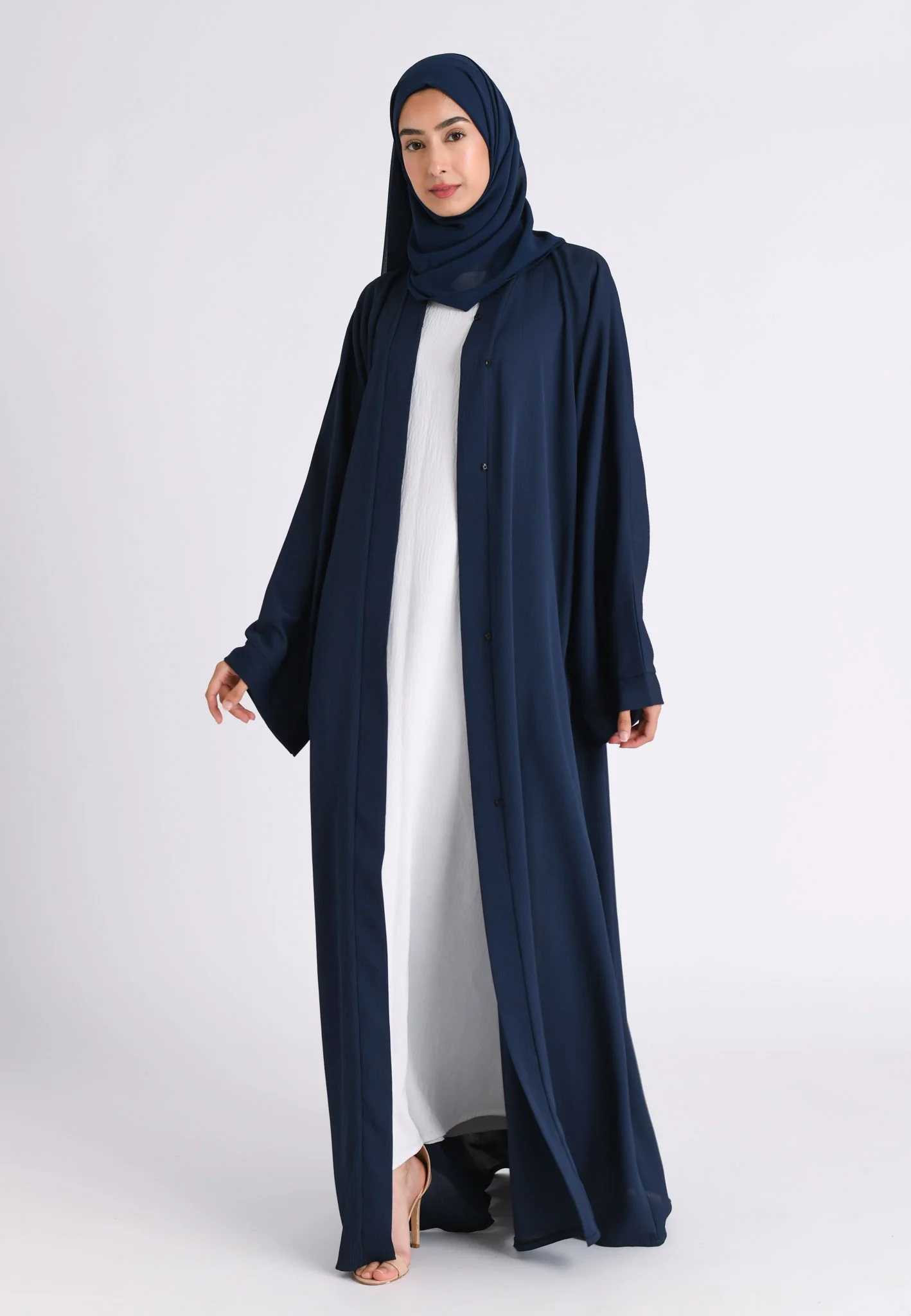 Plain Navy Textured Open Abaya (Premium) - Hayah Al-Muslimah