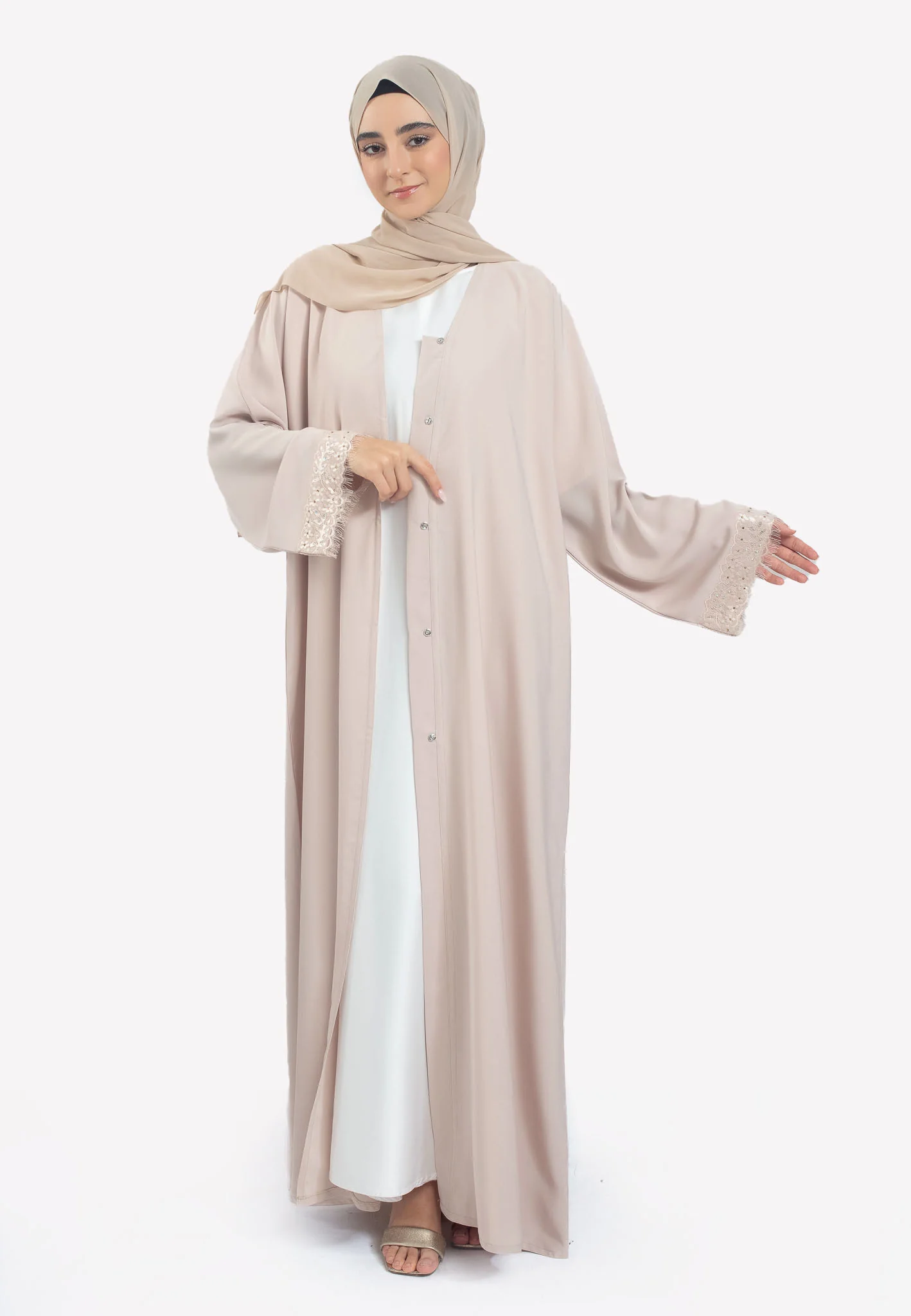 Premium Imperial Cream Nida Abaya with Intricate Sleeves - Hayah Al-Muslimah