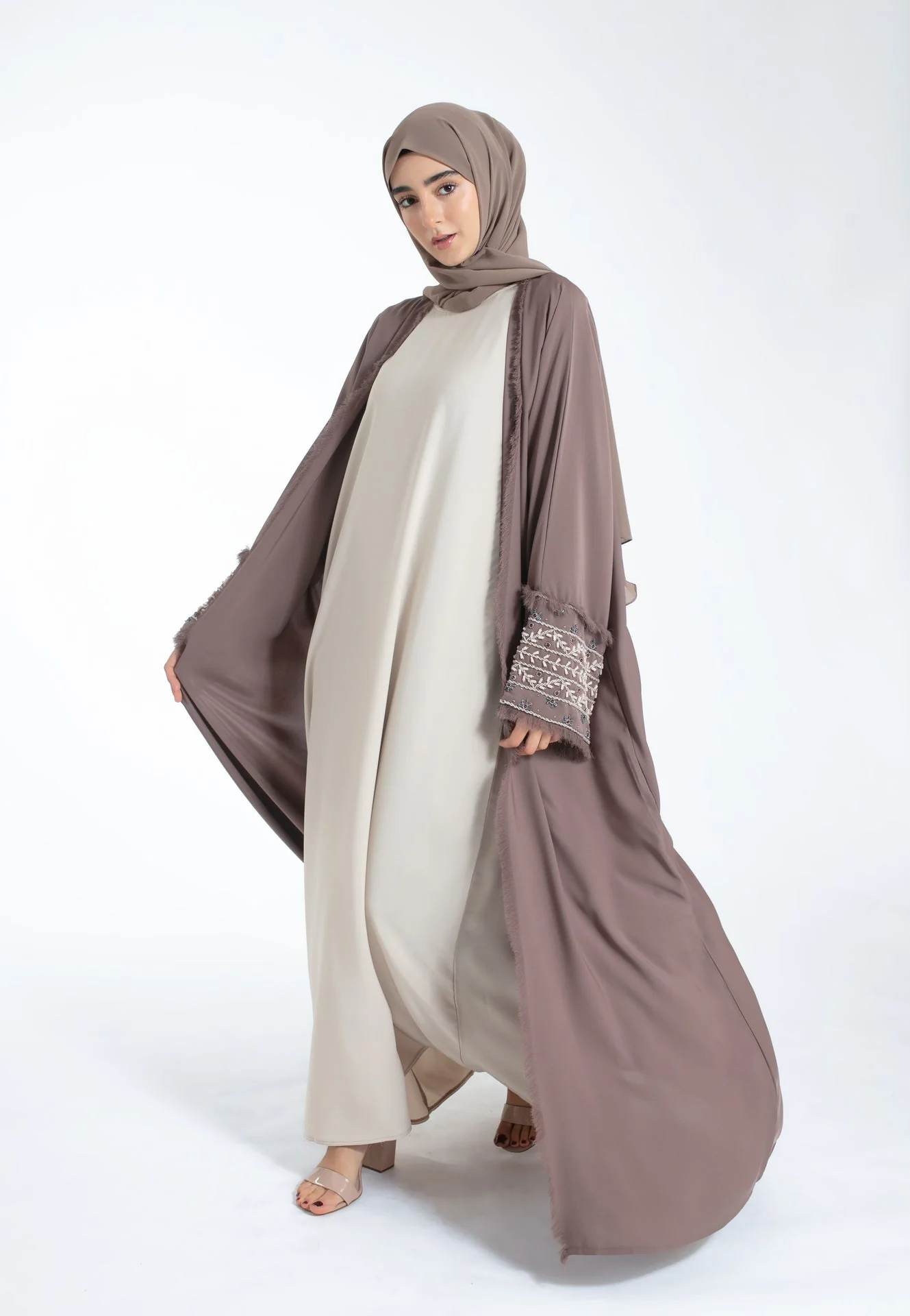 Inayah Taupe Embellished Kimono Abaya - Hayah Al-Muslimah