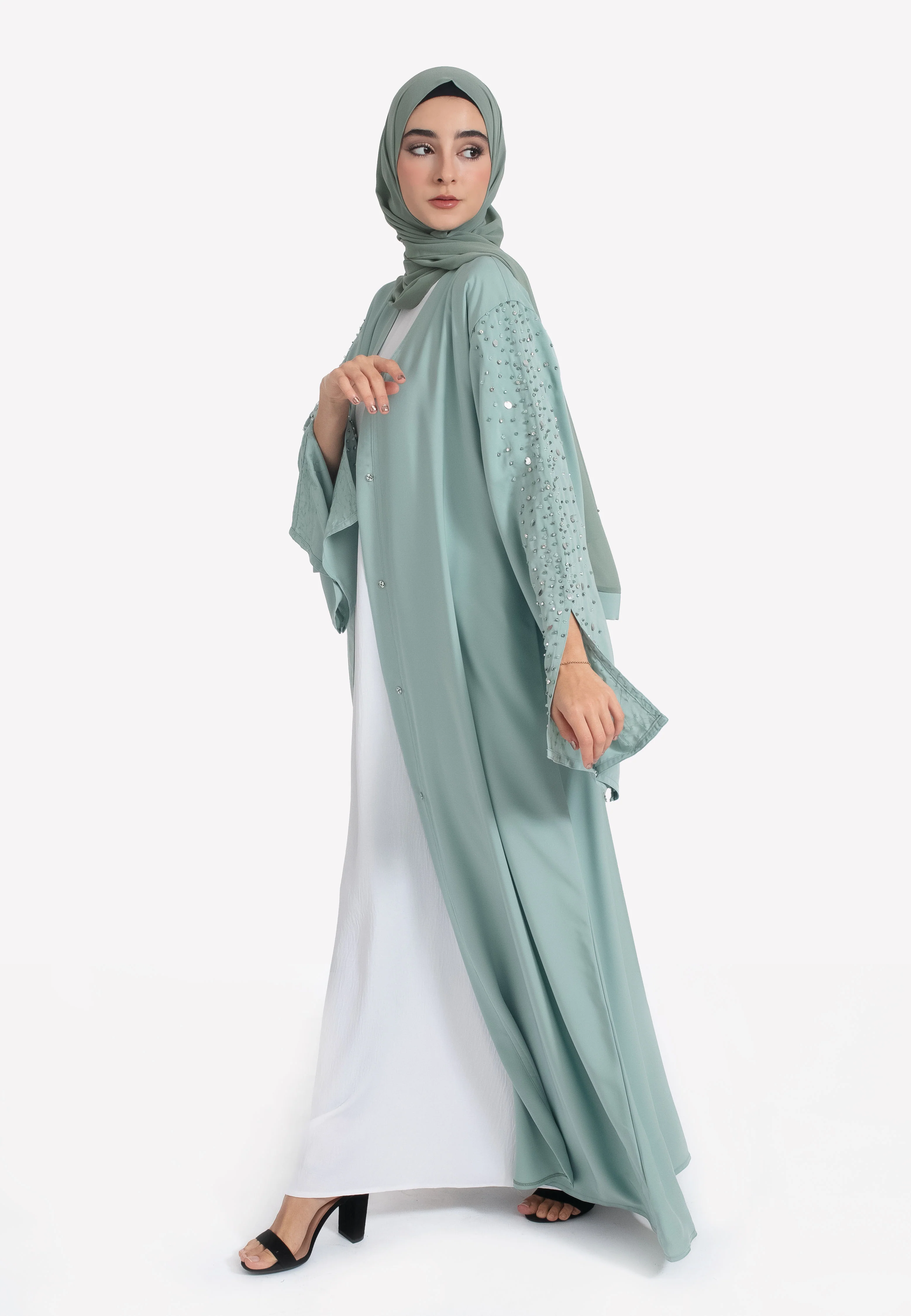 Tiffany Blue Embellished Open Abaya - Hayah Al-Muslimah