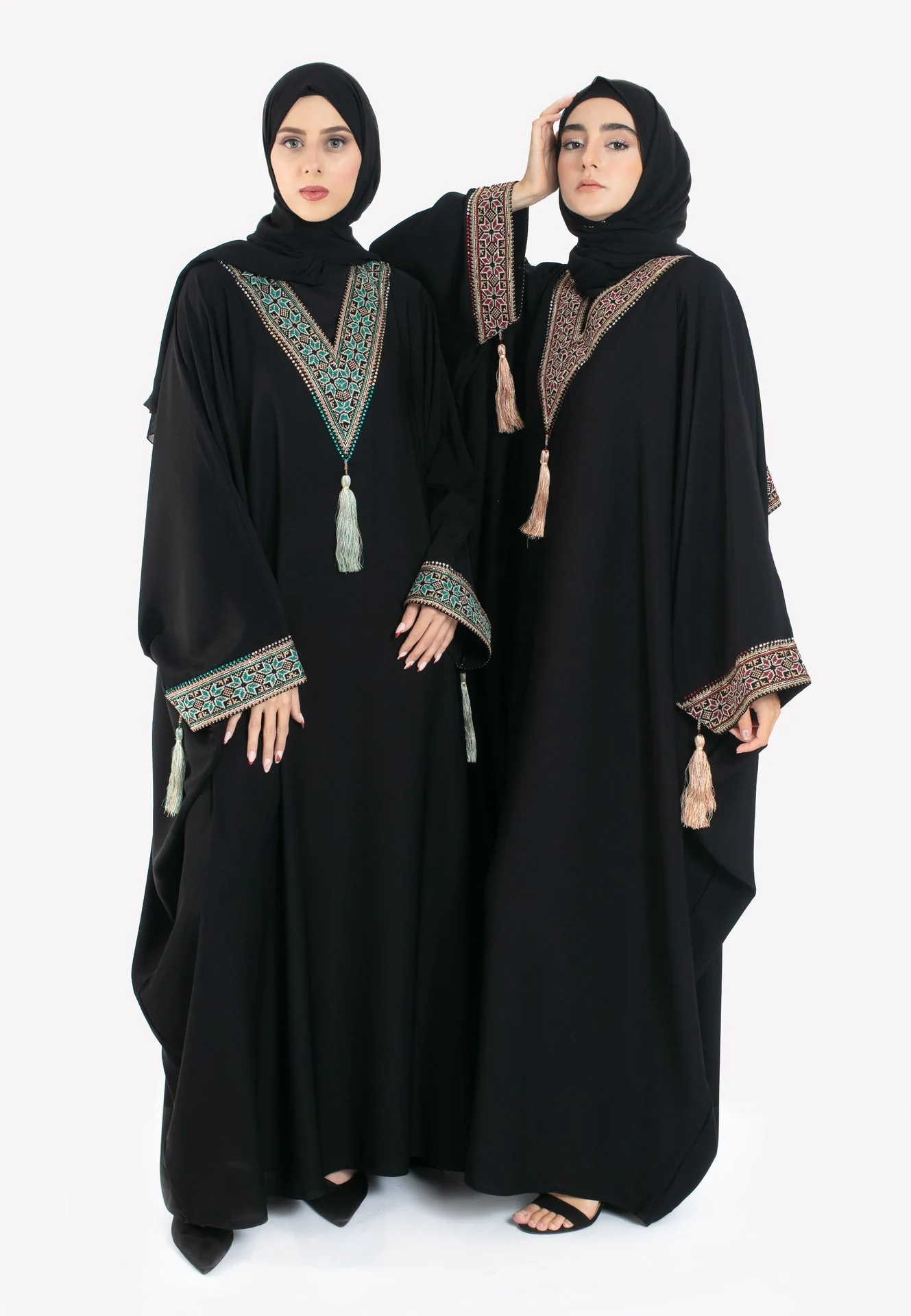 Palestinian Tatreez Batwing Abaya - Turquoise & Gold - Hayah Al-Muslimah