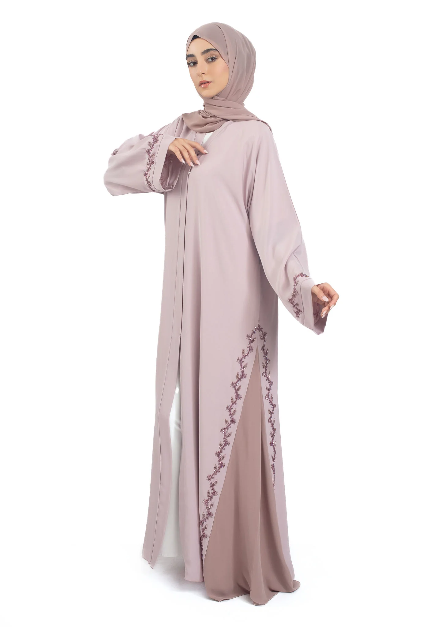 Premium Rosy Mauve Embellished Open Abaya with Chiffon Insets - Hayah Al-Muslimah