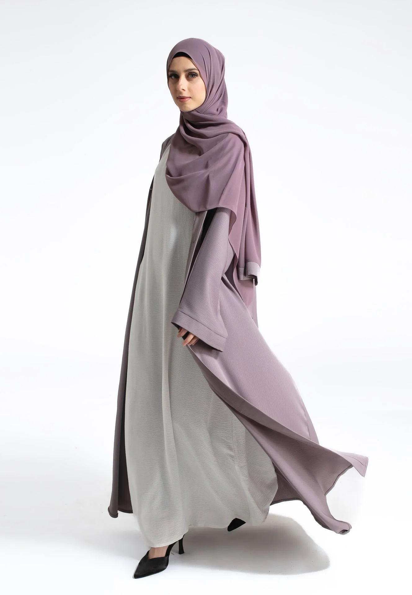 Plain Textured Open Abaya - French Lilac - Hayah Al-Muslimah