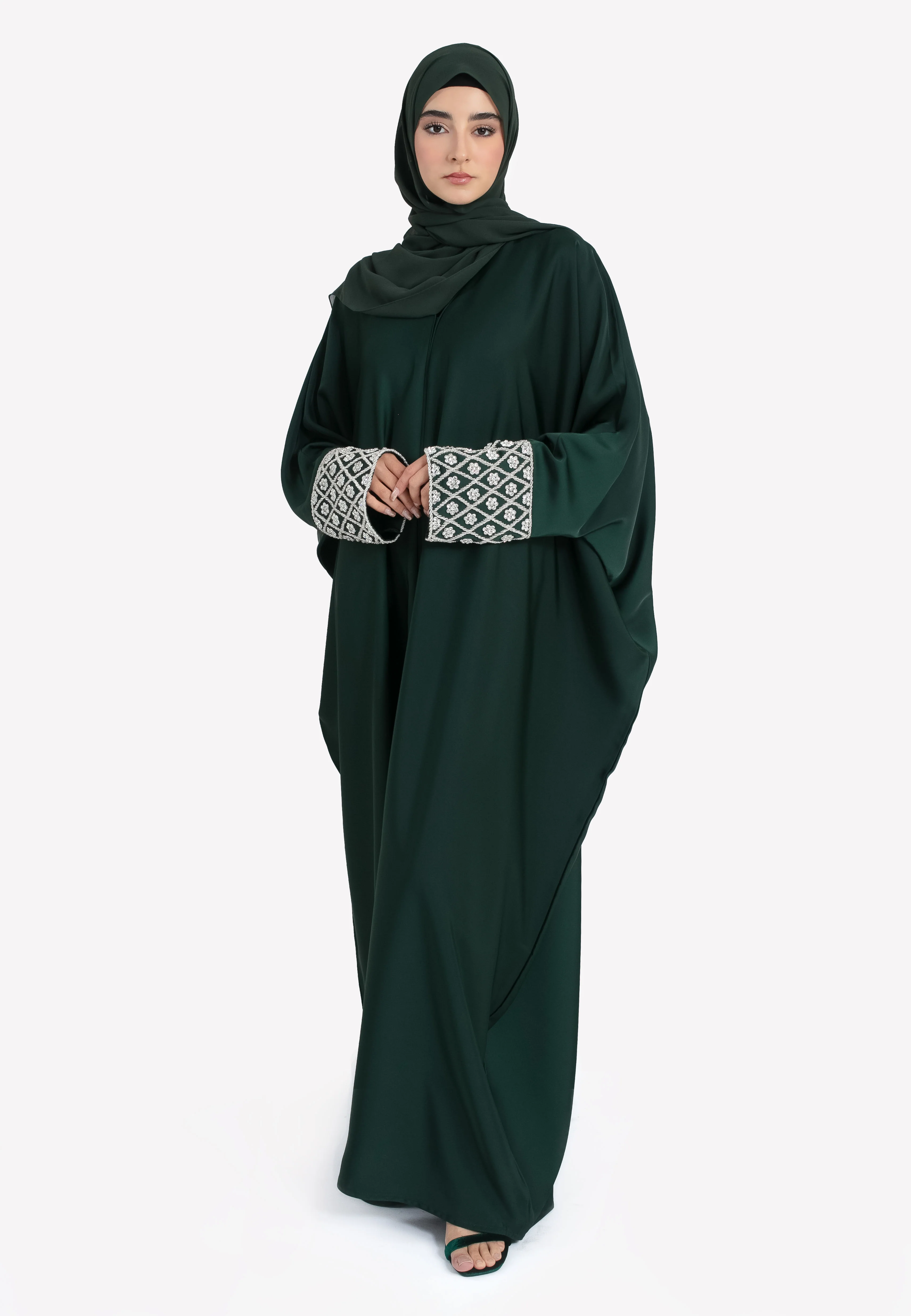 Luxury Forest Closed Farasha with Jewel Embellished Cuffs - Hayah Al-Muslimah