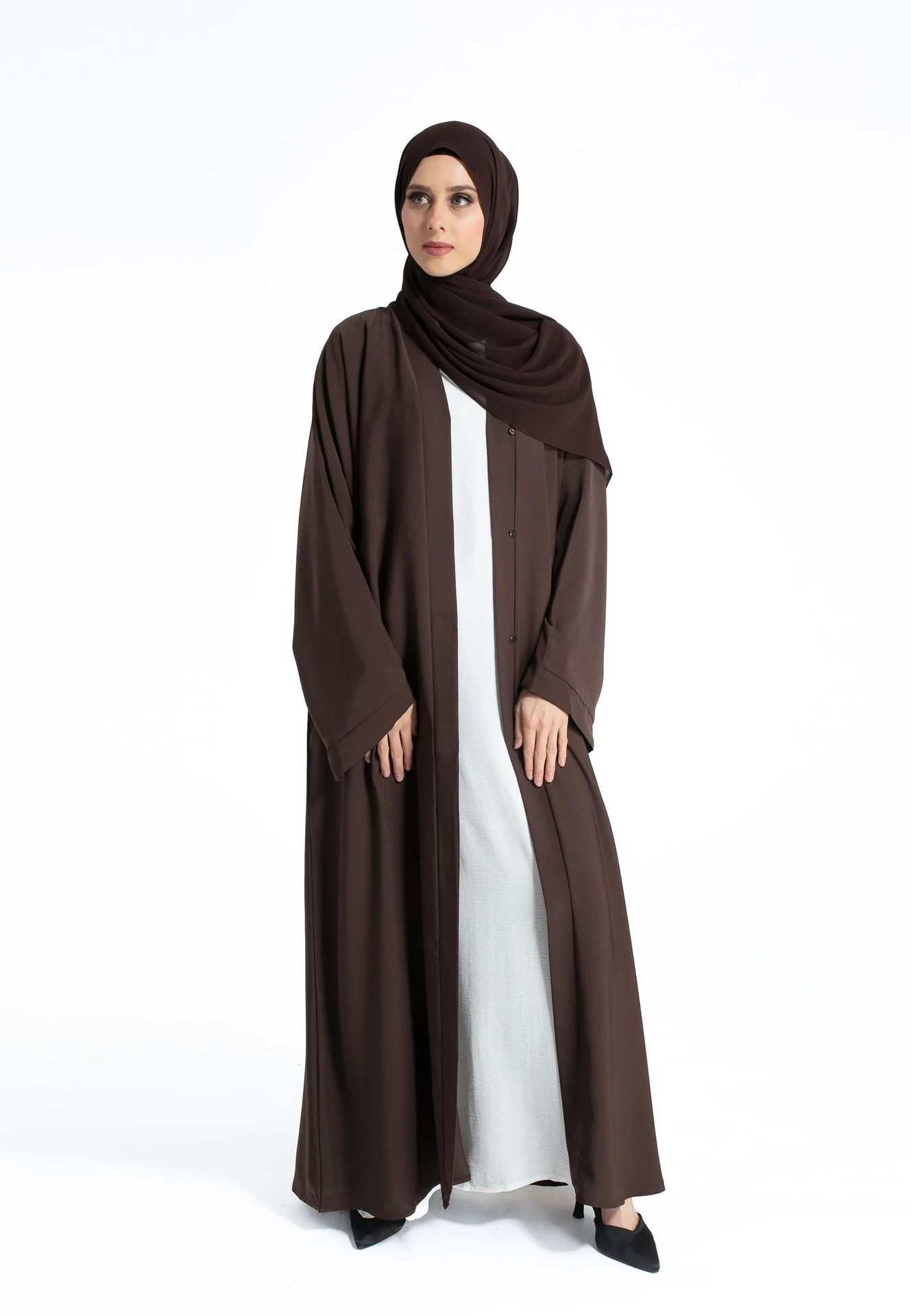 Plain Open Abaya With Wide Sleeves - Brown - Hayah Al-Muslimah
