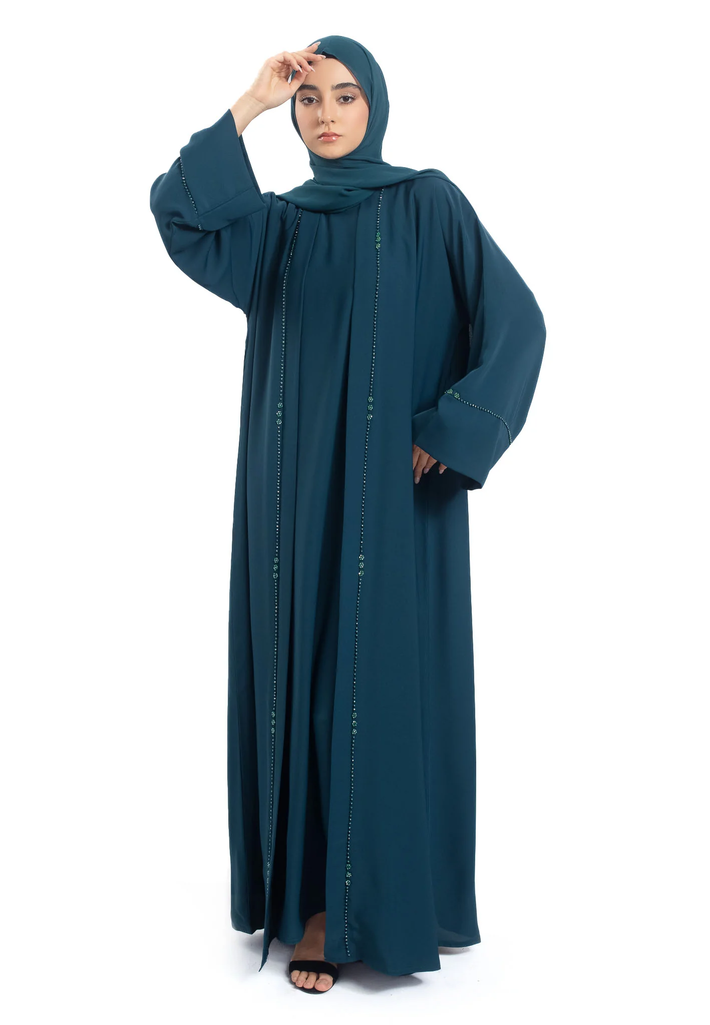 Premium Teal Open Abaya 3-Piece Kimono Set - Hayah Al-Muslimah