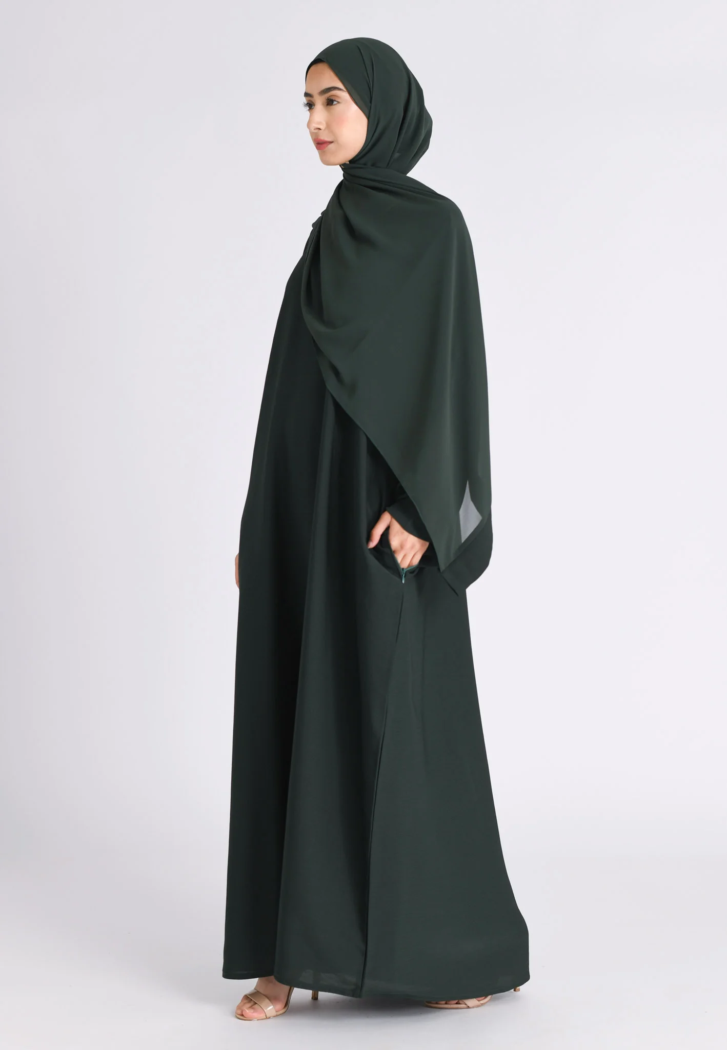 Bottle Green Textured Abaya With Zip Pockets (Premium) - Hayah Al-Muslimah