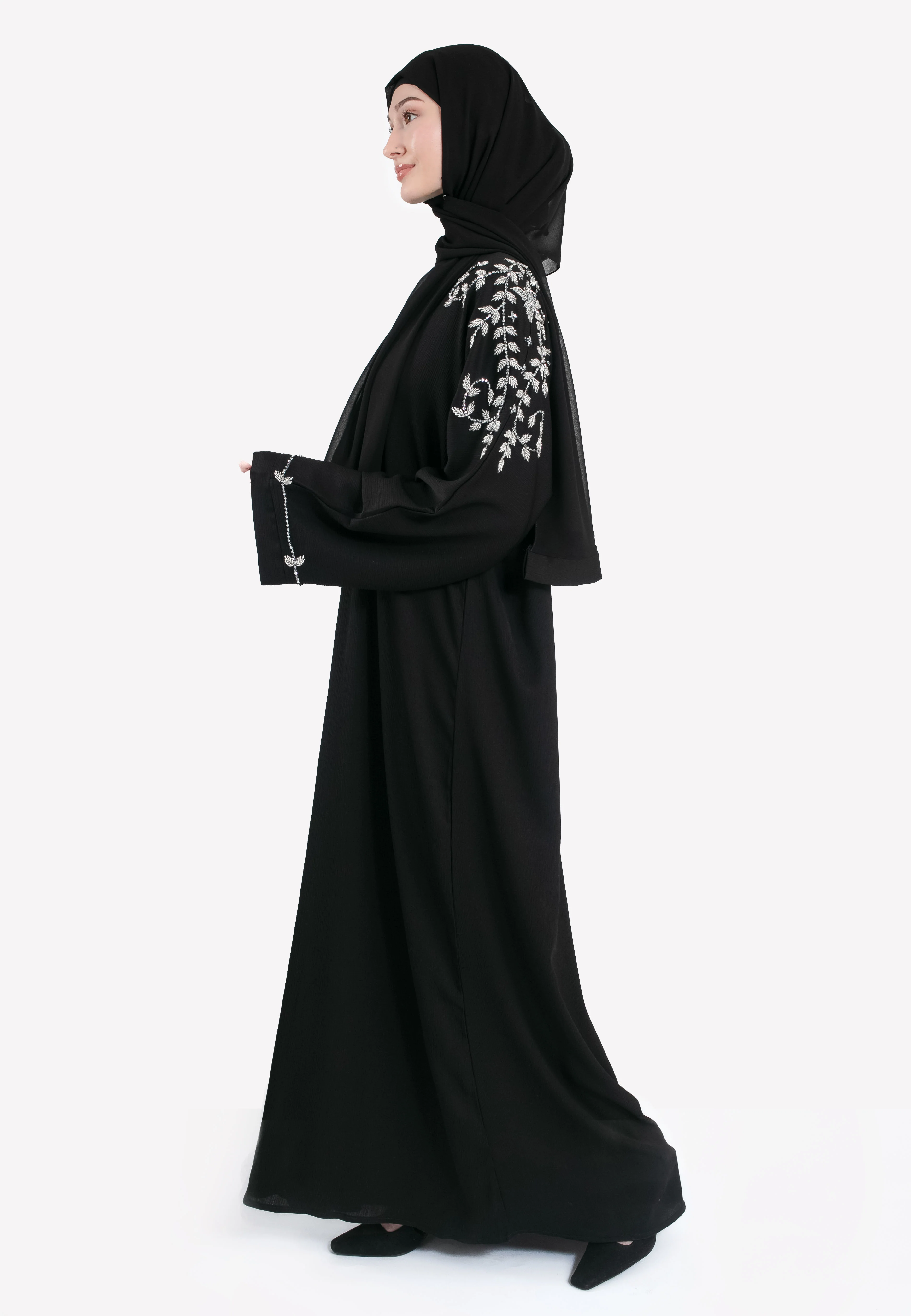 Black Abaya With Silver Embellishments (Premium) - Hayah Al-Muslimah