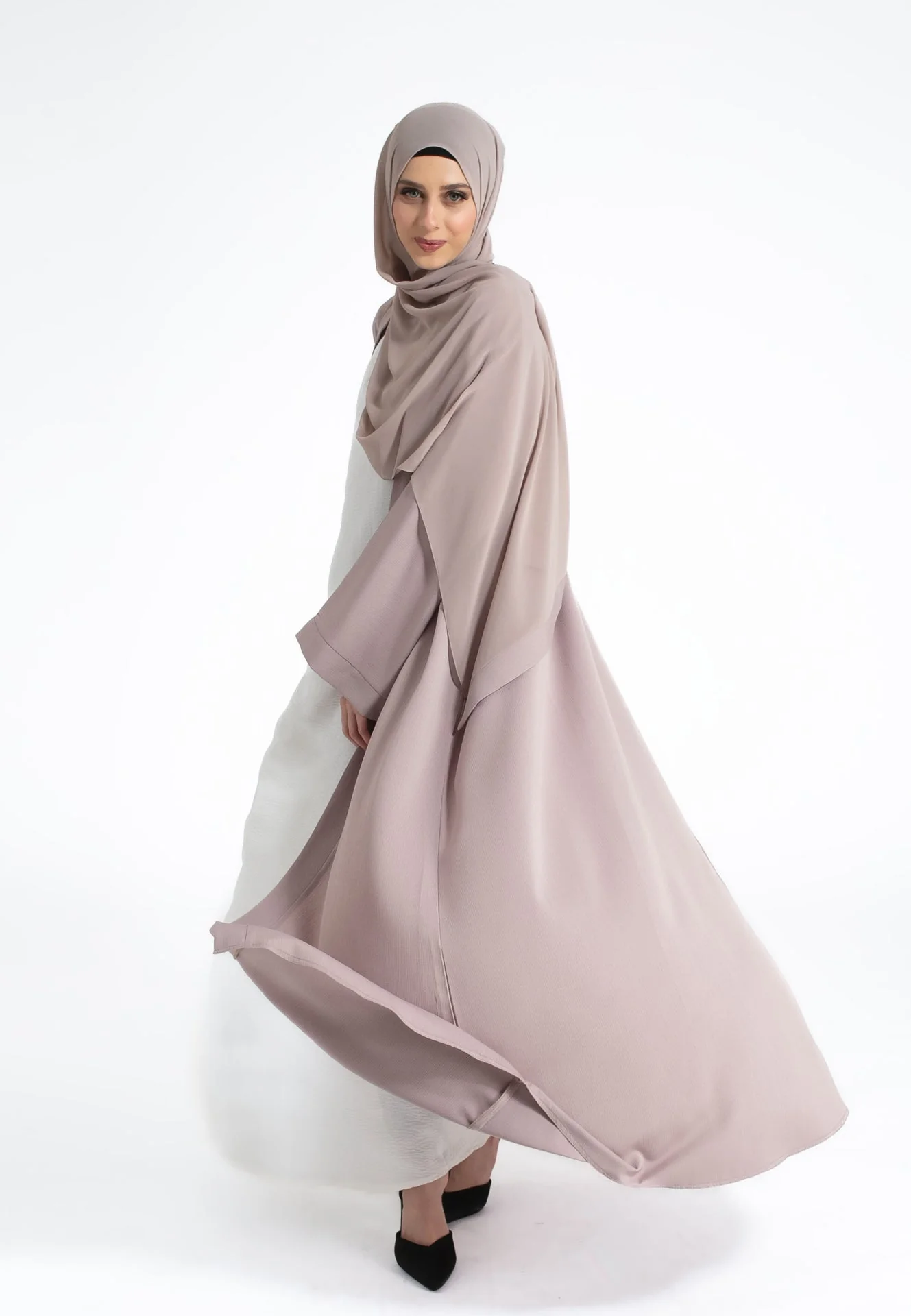 Plain Textured Open Abaya - Pastel Mink - Hayah Al-Muslimah