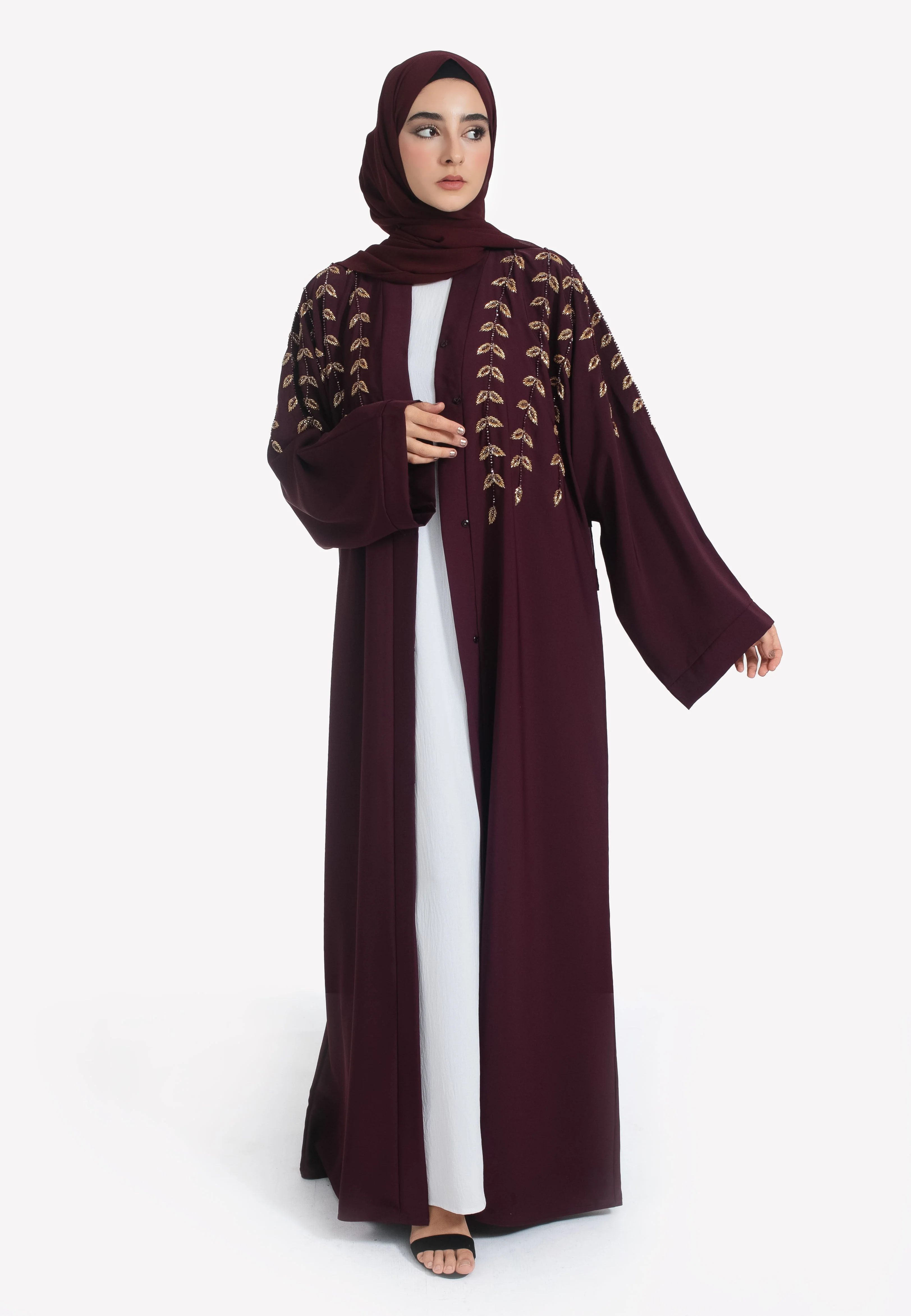 Luxe Burgundy Embellished Open Abaya - Hayah Al-Muslimah