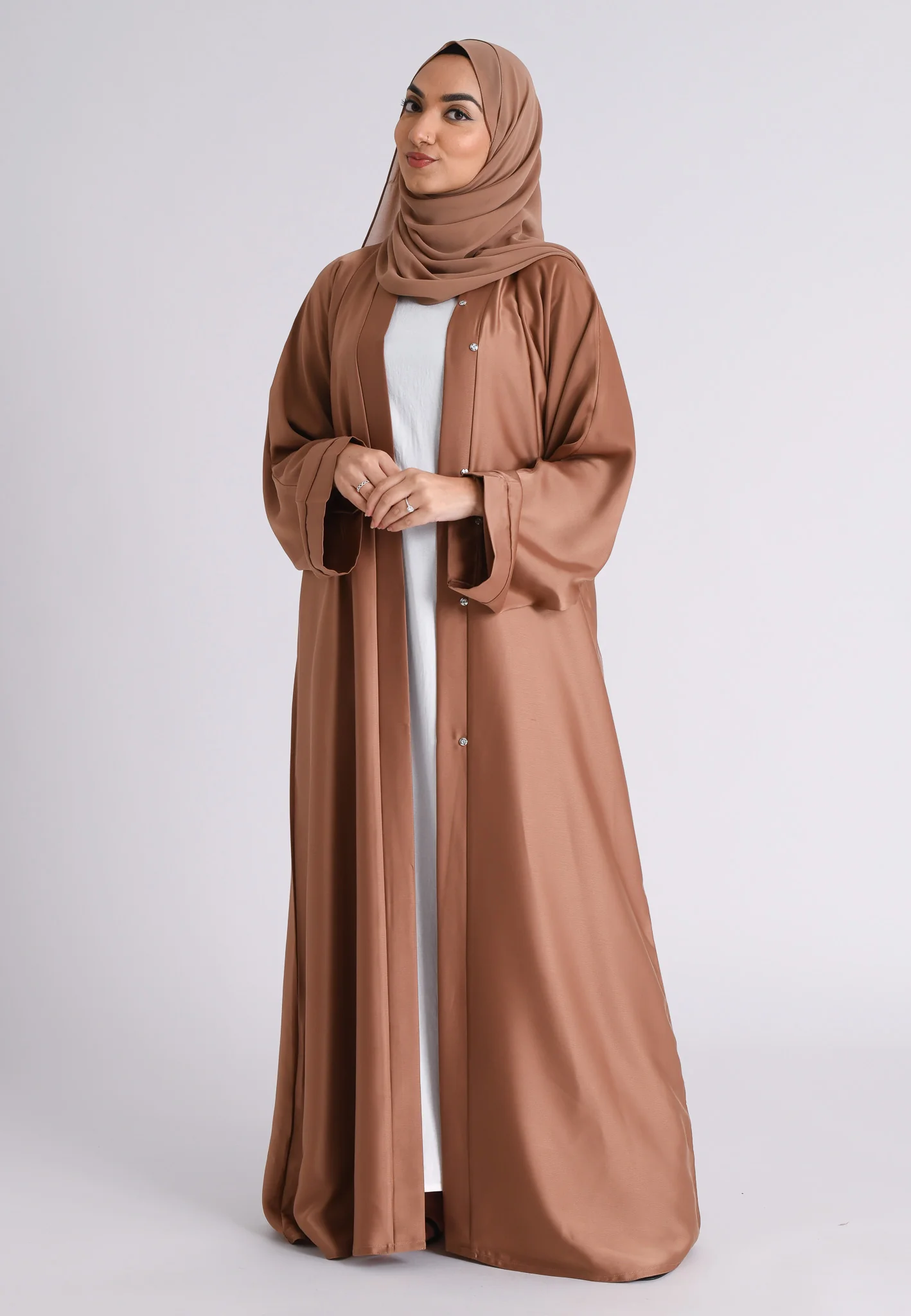 Plain Liquid Satin Open Abaya - Bronze - Hayah Al-Muslimah