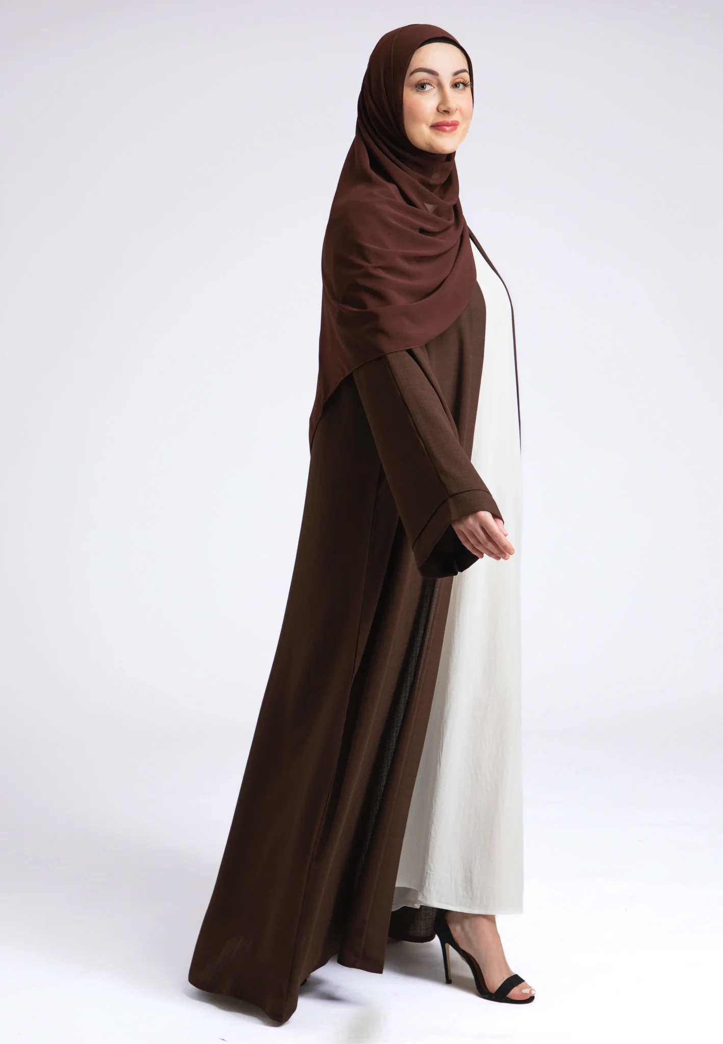 Chocolate Brown Linen Open Abaya - Hayah Al-Muslimah